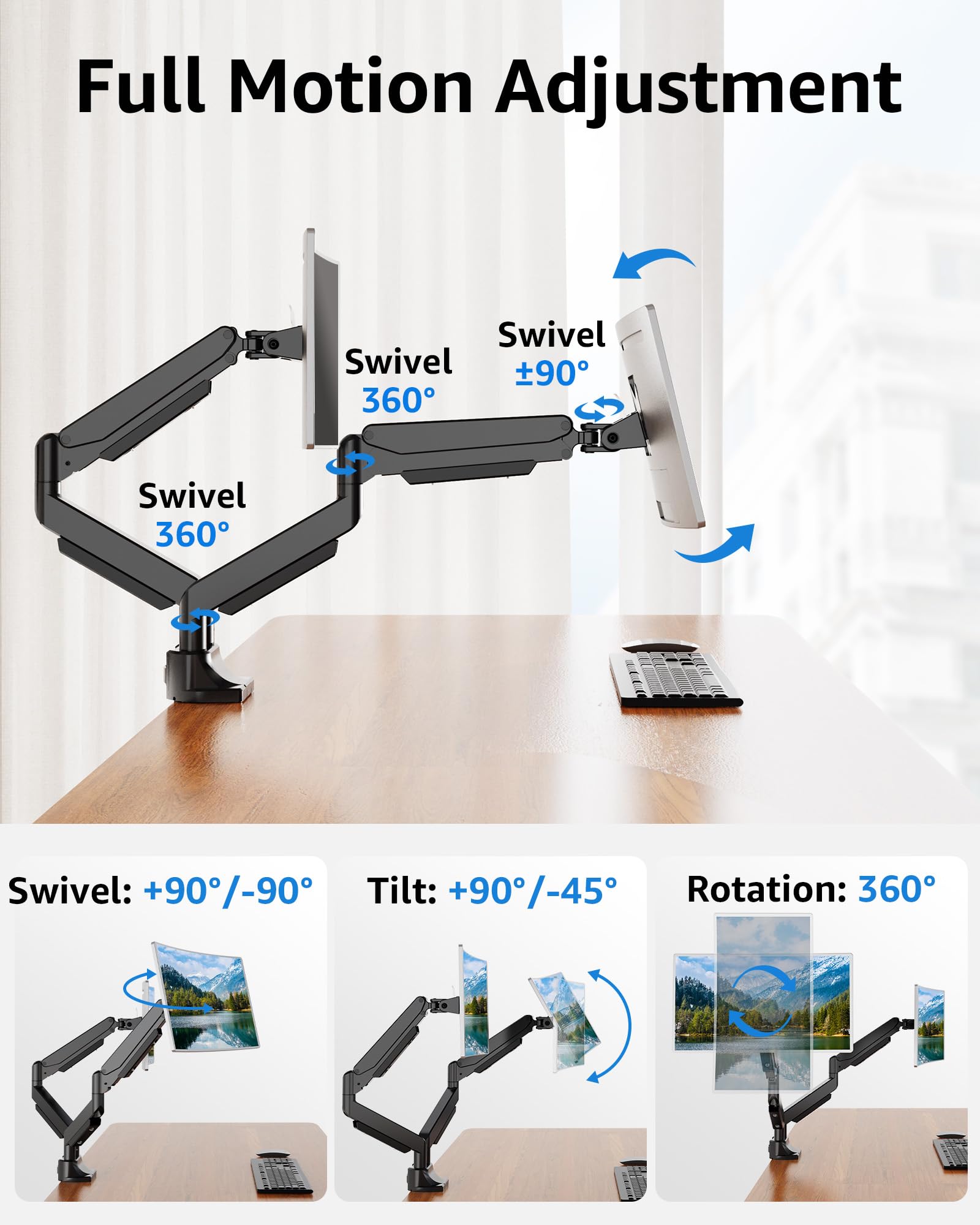 MOUNTUP Dual Monitor Arm Stand for 17-42 Inch Ultrawide Screens - Heavy Duty Gas Spring Desk Mount with VESA 75x75/100x100 - Holds 6.6-33 lbs per Monitor - Clamp/Grommet Base - Perfect for Home Office, Gaming Setup & Workstation Ergonomics