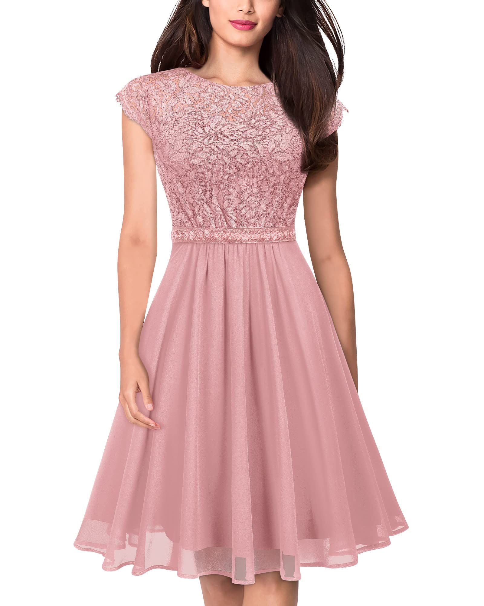 MISSMAY Women's Elegant Floral Lace Beaded A-Line Formal Party Dress for Wedding, Prom, Evening Gala & Special Occasions
