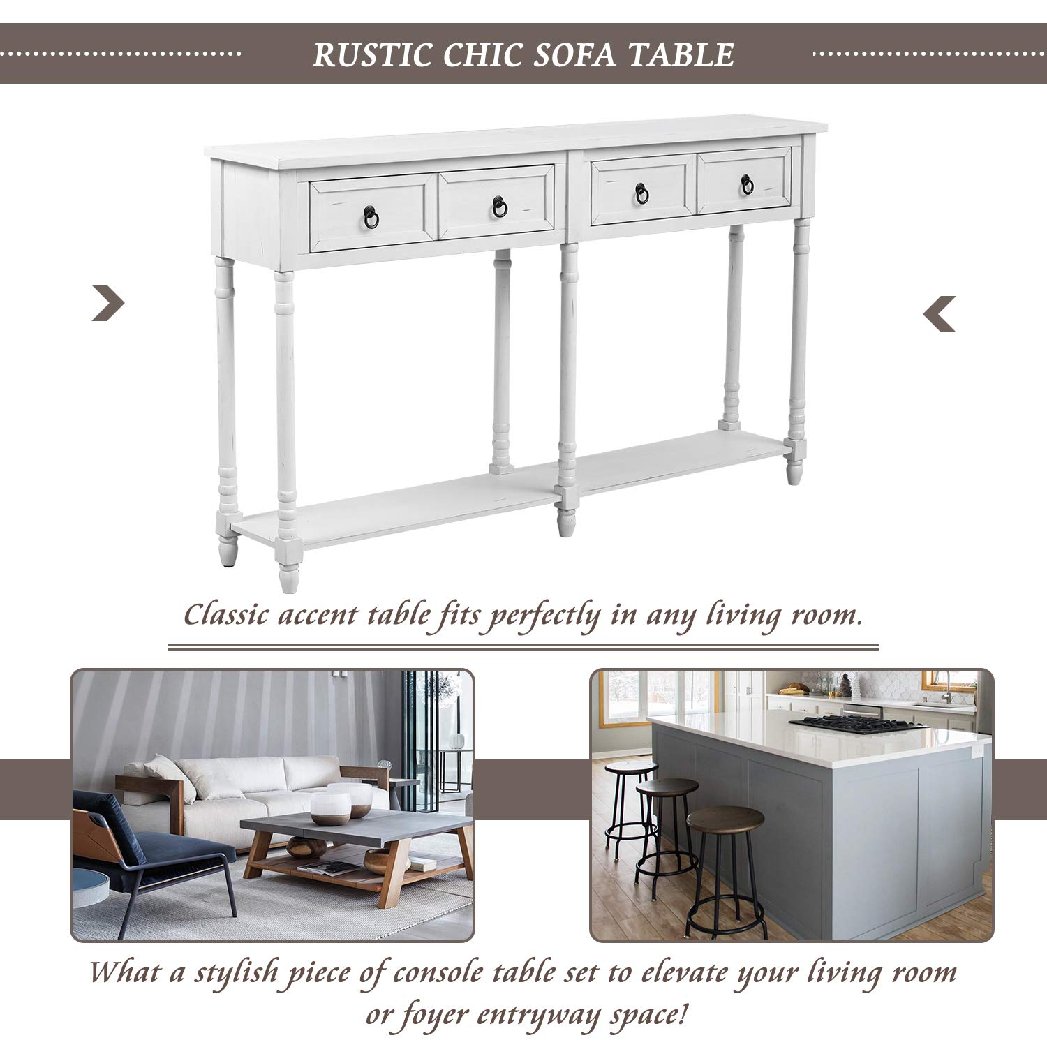 Solid Wood Console Table with Storage Drawers & Shelf - Antique White Sofa Table for Entryway, Living Room, Hallway - Perfect for Home Decor, Organizing Keys & Mail, Displaying Decor Items
