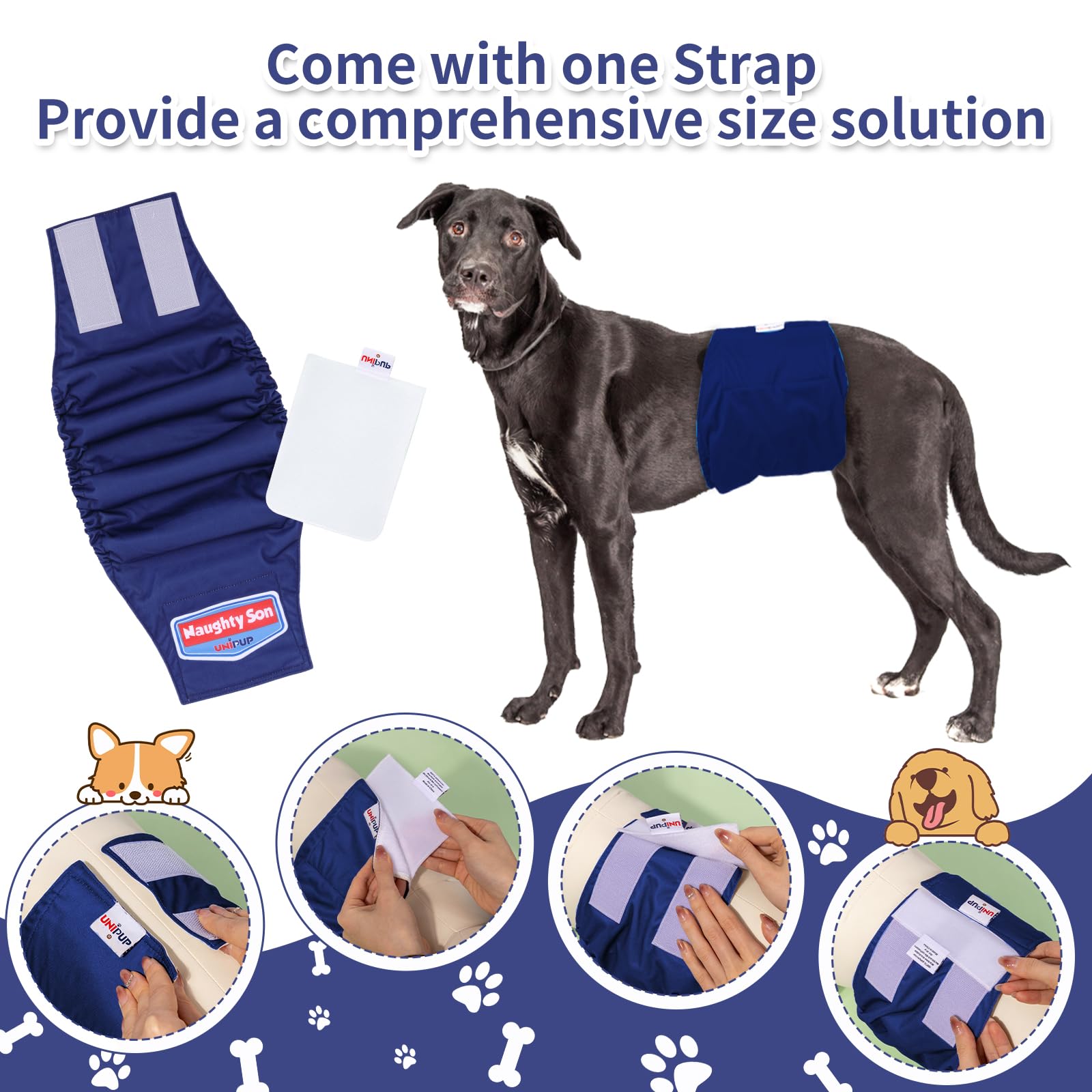 Washable Belly Band for Male Dogs - Pack of 3 High Absorbent Reusable Dog Diapers with Adjustable Strap for Small & Medium Dogs | Perfect for House Training, Incontinence & Travel Use