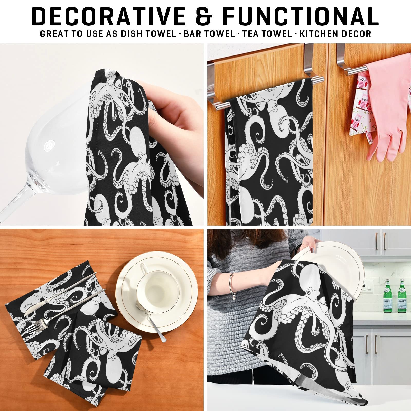 ALAZA Cartoon Octopus Kraken Black & White Kitchen Towels - Super Absorbent & Soft Dish Cloths (18x28 Inches, 1 Pack) - Perfect for Dishes, Bar Cleaning & Tea Time