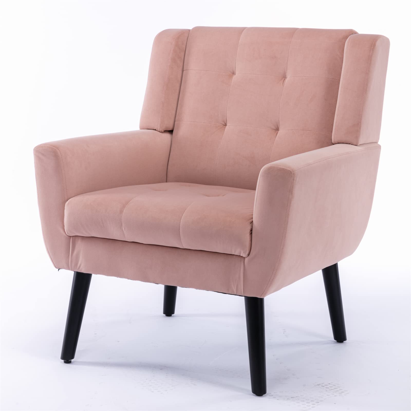 Mid Century Modern Velvet Upholstered Armchair - Button Tufted Accent Chair with Wooden Legs for Living Room, Bedroom, Office & Balcony - Pink Comfy Seat Cushion Reading Chair - Perfect for Home Decor, Relaxing & Small Spaces