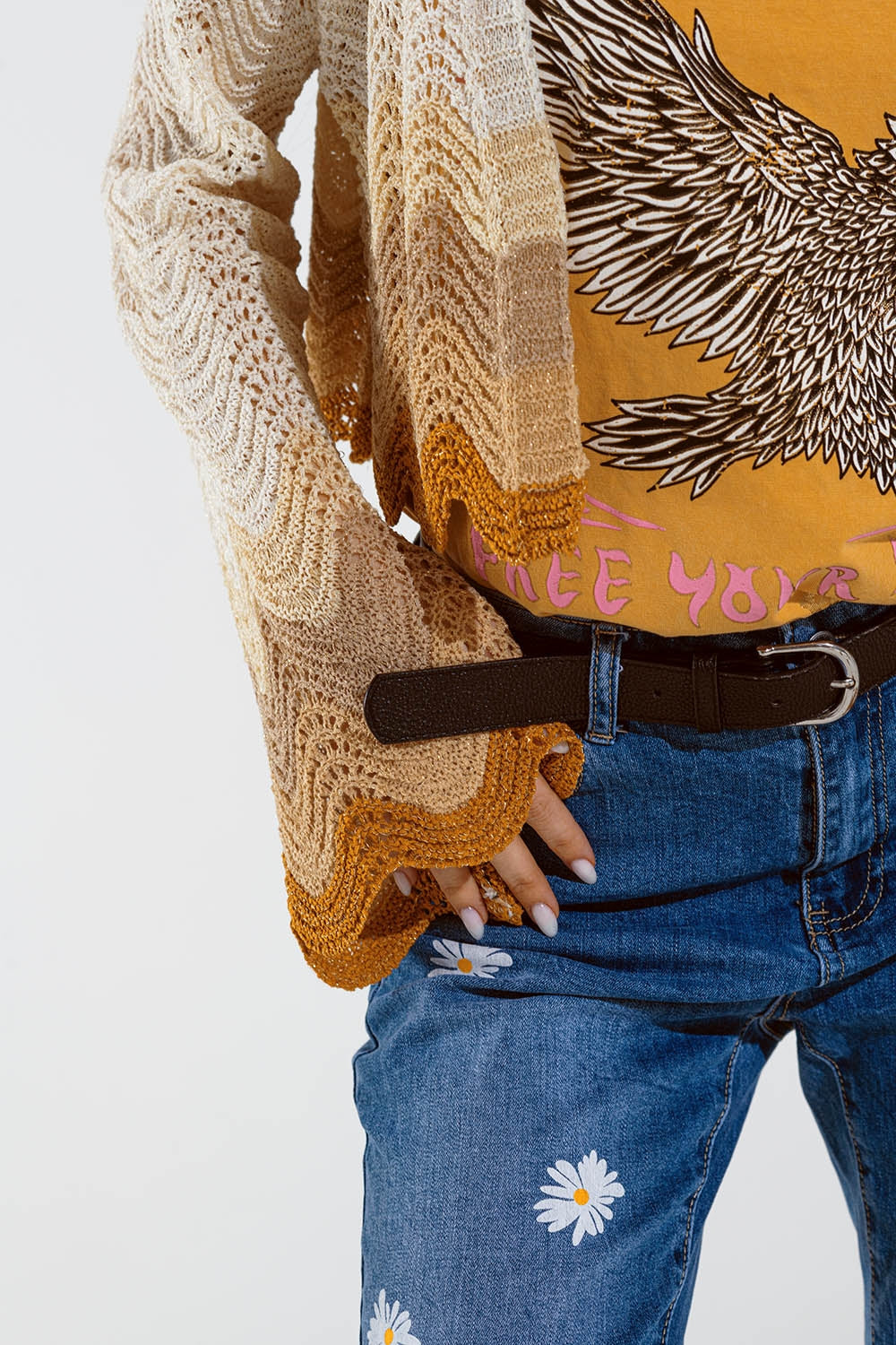 Beige Angel Sleeve Knit Cardigan with Multicolor Wave Design - Perfect for Casual Outfits, Office Wear, and Cozy Evenings