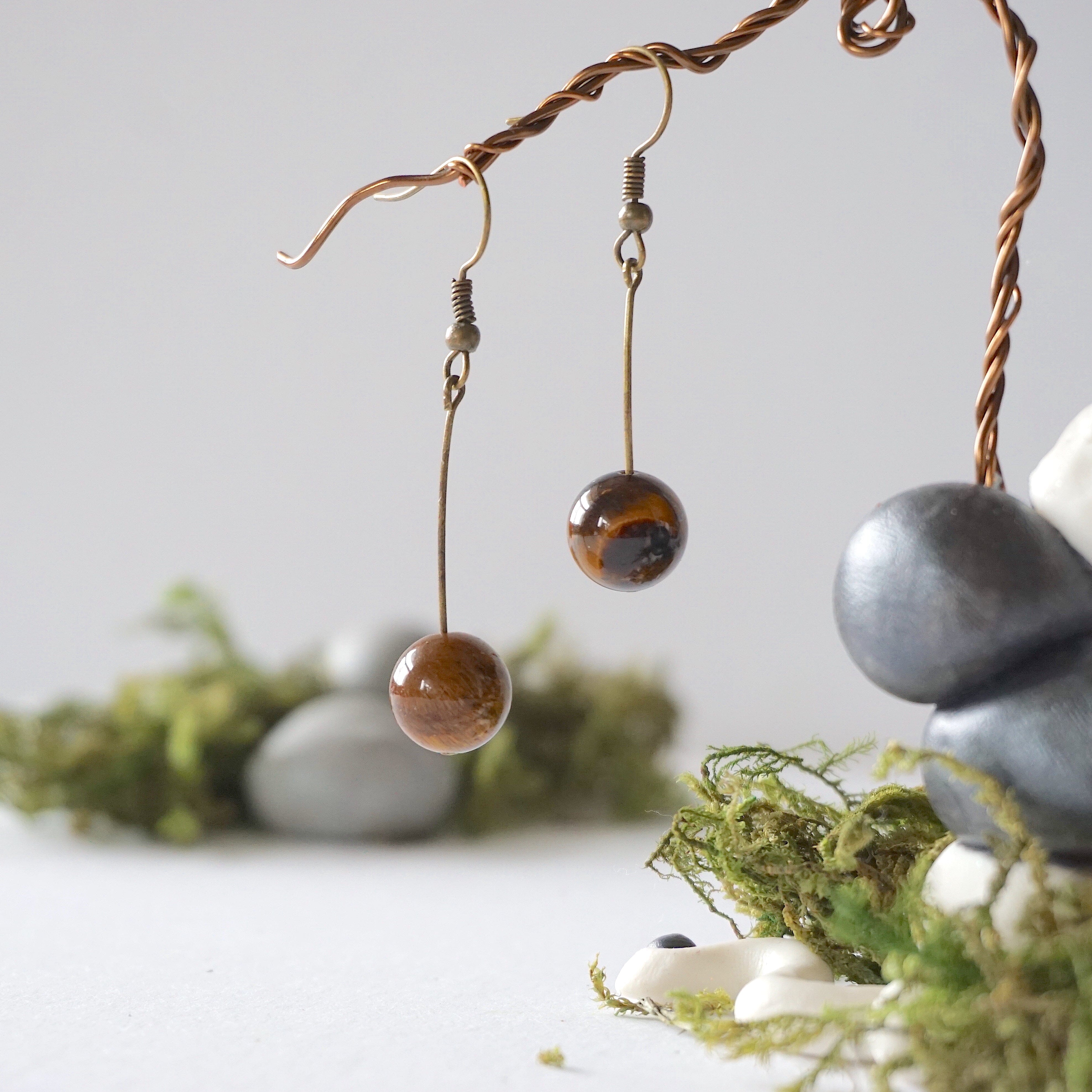 Tiger's Eye Bead Drop Earrings in Antique Bronze - Elegant Dangle Jewelry for Women | Perfect for Office, Party & Special Occasions
