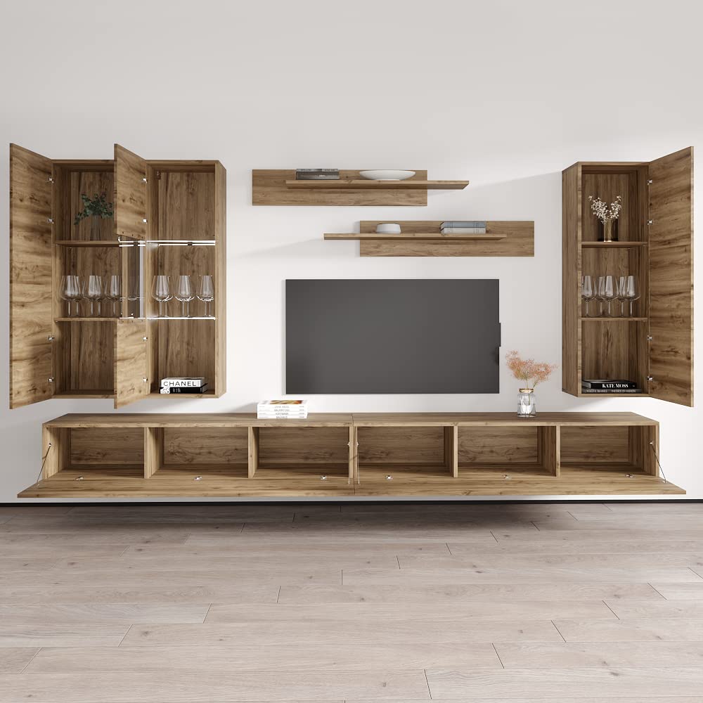 Modern Floating TV Stand with Storage & LED Lights - Wall-Mounted Entertainment Center Console for Bedroom & Living Room - Oak Wood TV Cabinet with Shelves - Perfect for Small Spaces & Home Theater Setup