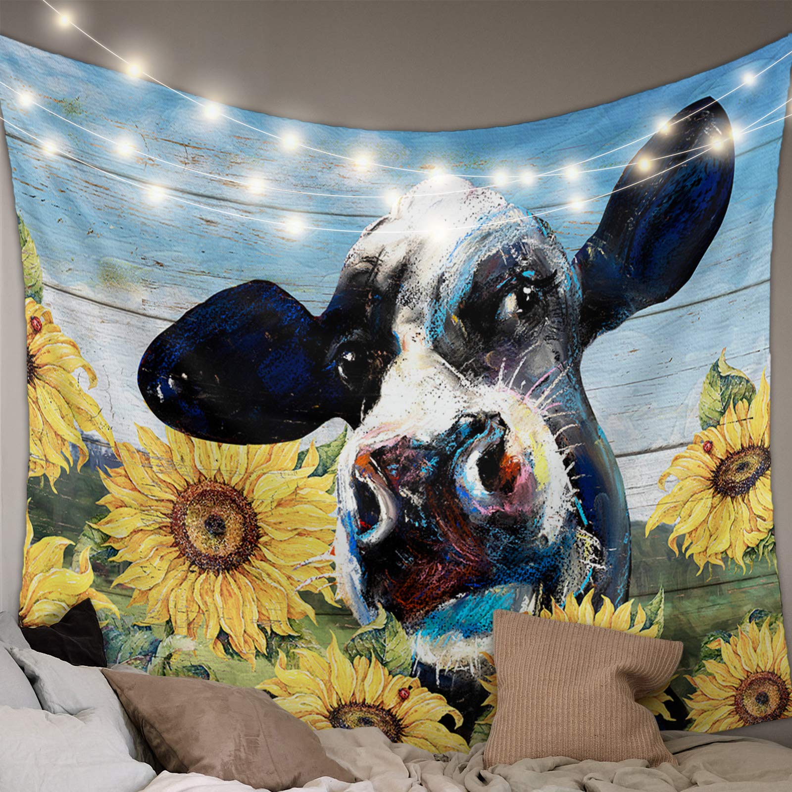 Farm Cow with Yellow Sunflower Tapestry - Blue Sky Clouds Wall Hanging Decor for Living Room, Bedroom, Dorm - 39x59 Inch Boho Home Decor - Perfect for Beach House, Nursery & Cozy Spaces