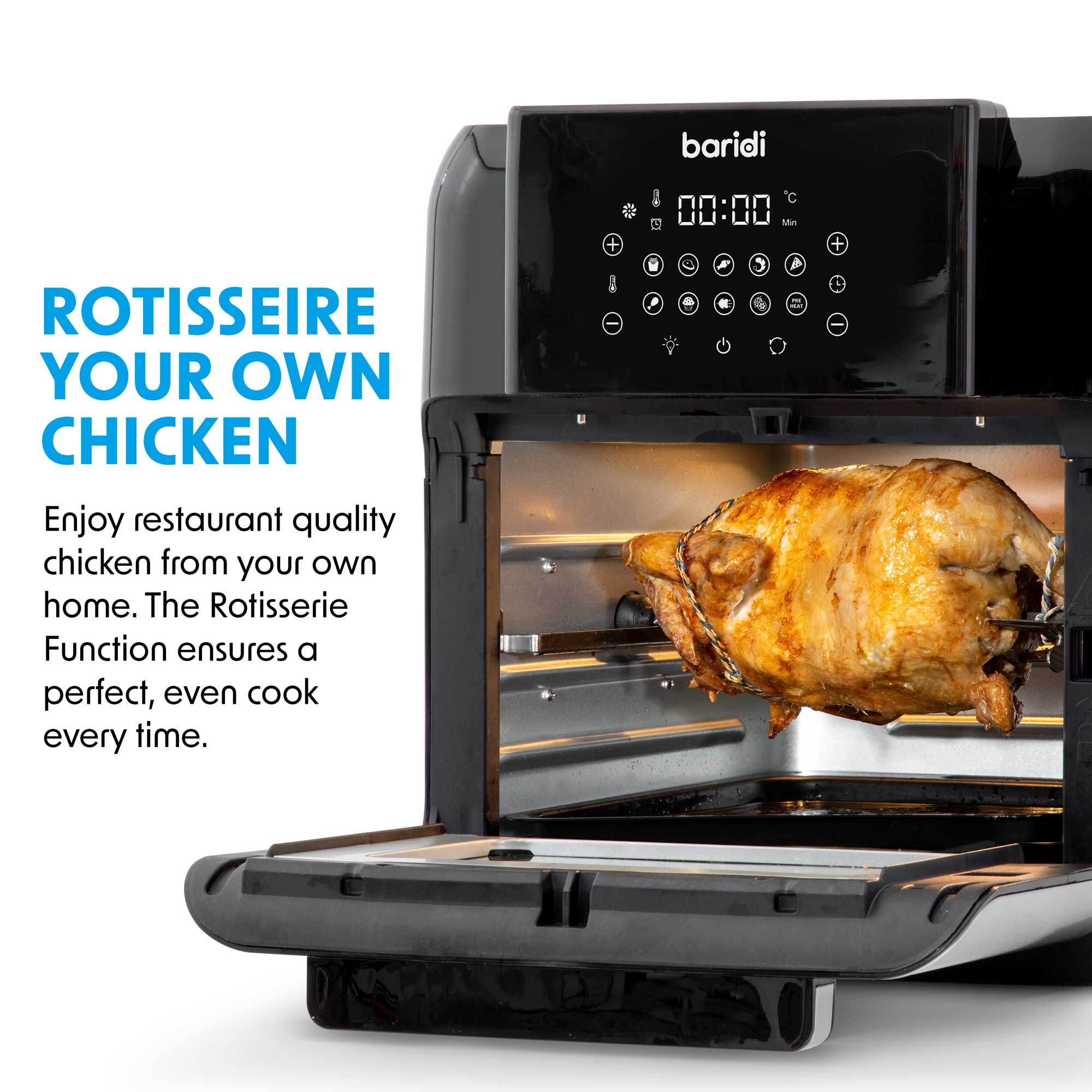 Baridi 12L Air Fryer and Rotisserie Combo - 1500W Digital Air Fryer with 10 Preset Functions, Black & Silver (DH170) - Perfect for Healthy Cooking, Crispy Fried Chicken, and Rotisserie Meals at Home