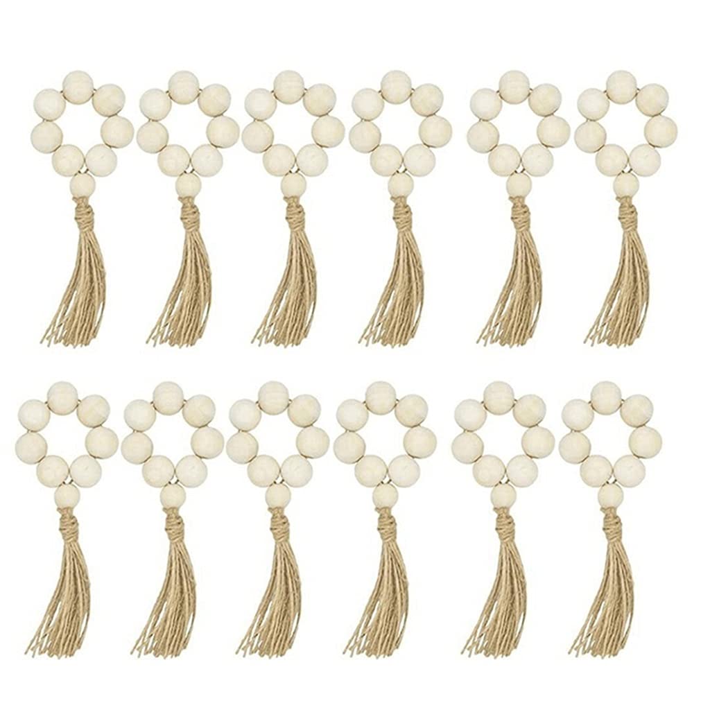 12Pcs Wood Bead Napkin Rings with Tassels - Rustic Farmhouse Wood Beads Garland for Wall Hanging Decor, Wedding & Home Decoration (Color A, One Size) - Perfect for Dining Table Settings, Rustic Weddings and Farmhouse Style Home Decor