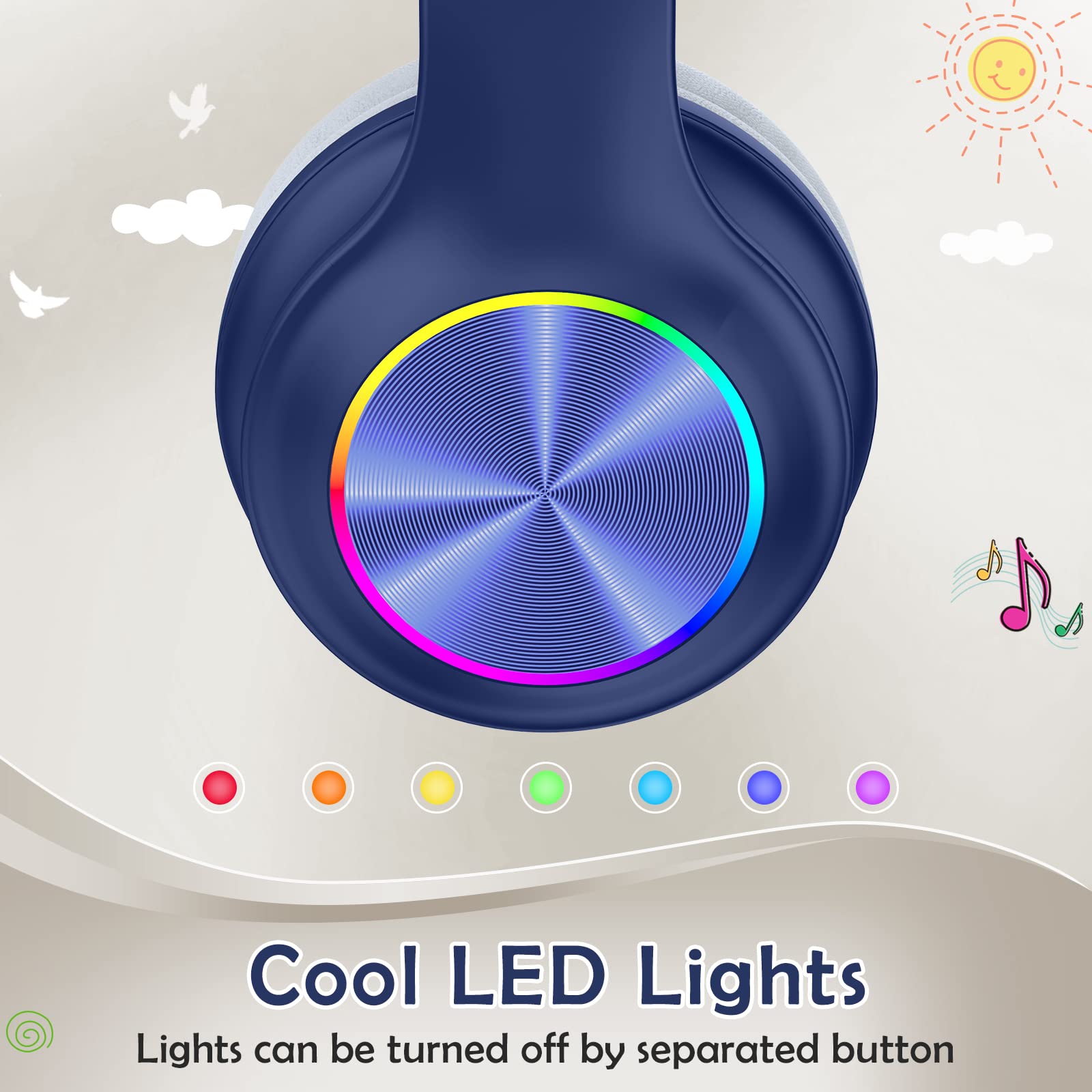 **2024 Kids Bluetooth Headphones with LED Lights - Wireless & Wired Headset for Ages 3-21, 94dB Volume Limit, Built-in Mic, TF Card Support - Perfect for School, iPad, PC, TV & Mobile (Navy Blue)**    **Usage Scenarios:** Ideal for online learning, gaming, music, watching videos, and travel entertainment.