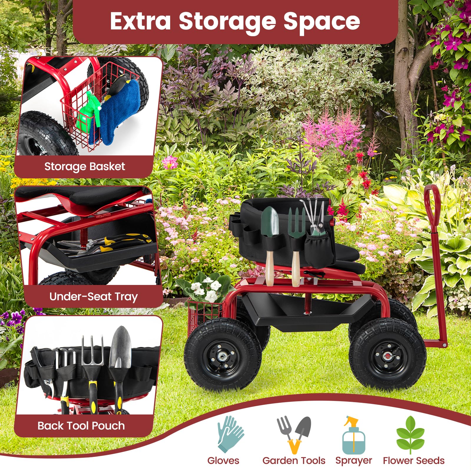 **Goplus Rolling Garden Seat with Wheels - Adjustable 360° Swivel Stool, Tool Tray & Storage Basket, Extendable Handle - Outdoor Gardening Scooter & Work Seat for Seniors - Perfect for Planting, Weeding, and Yard Work**