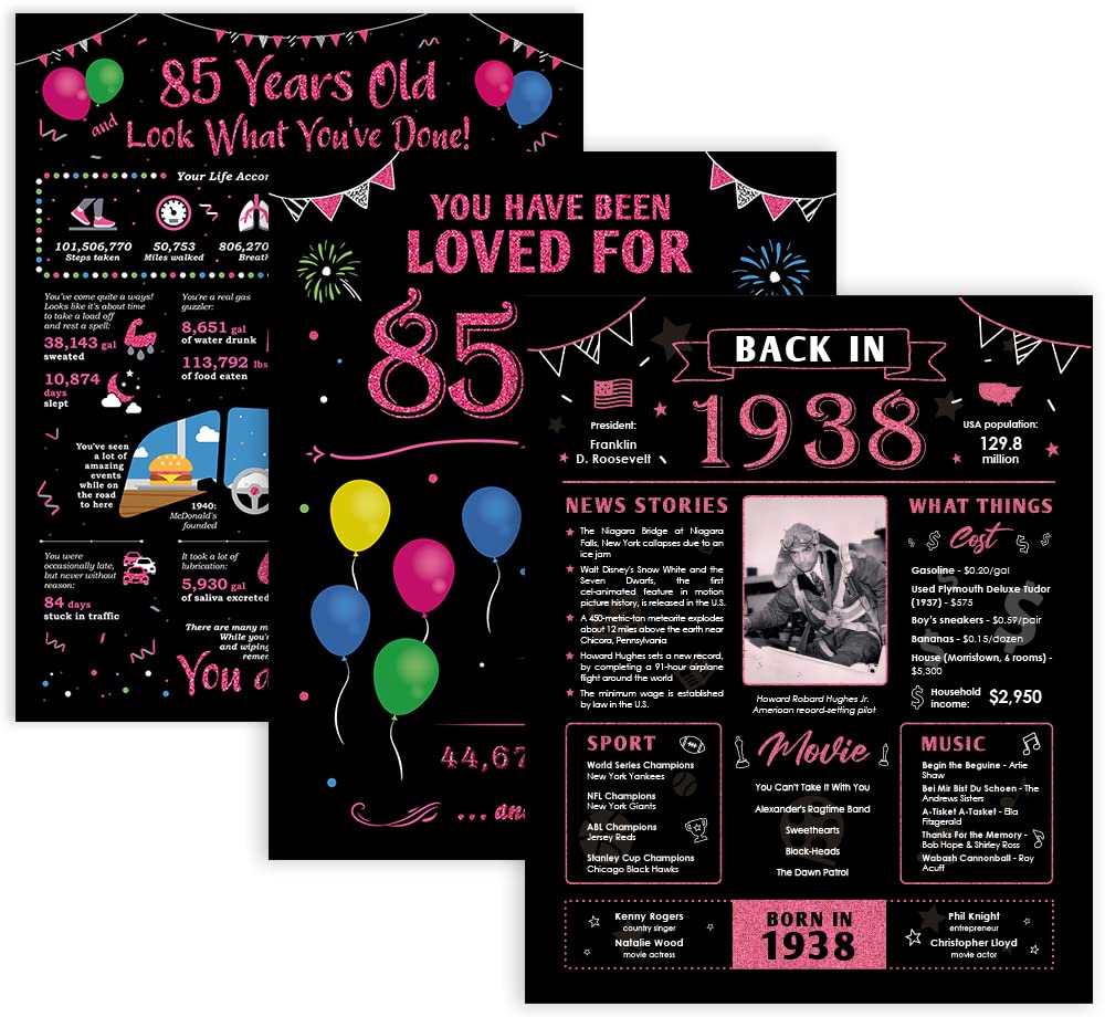 85th Birthday Decorations Set - Pink 1938 Vintage Poster, Funny Gifts for Women, Grandma & Mom - 3 Unframed 8x10 Prints - Perfect for Birthday Parties, Milestone Celebrations & Wall Decor