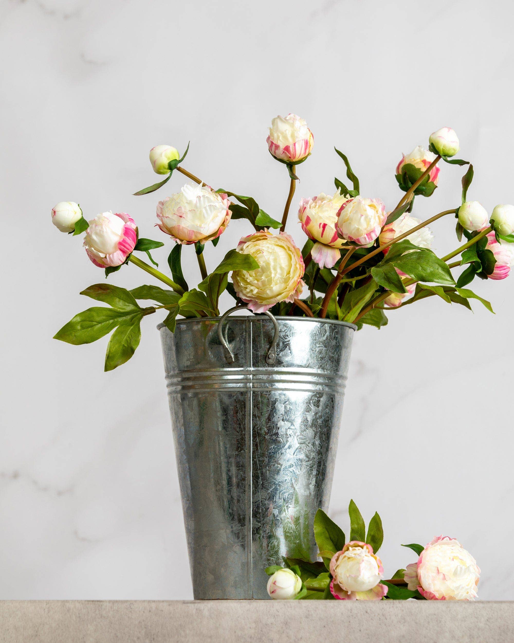 Artificial White and Pink Peony Spray - 19