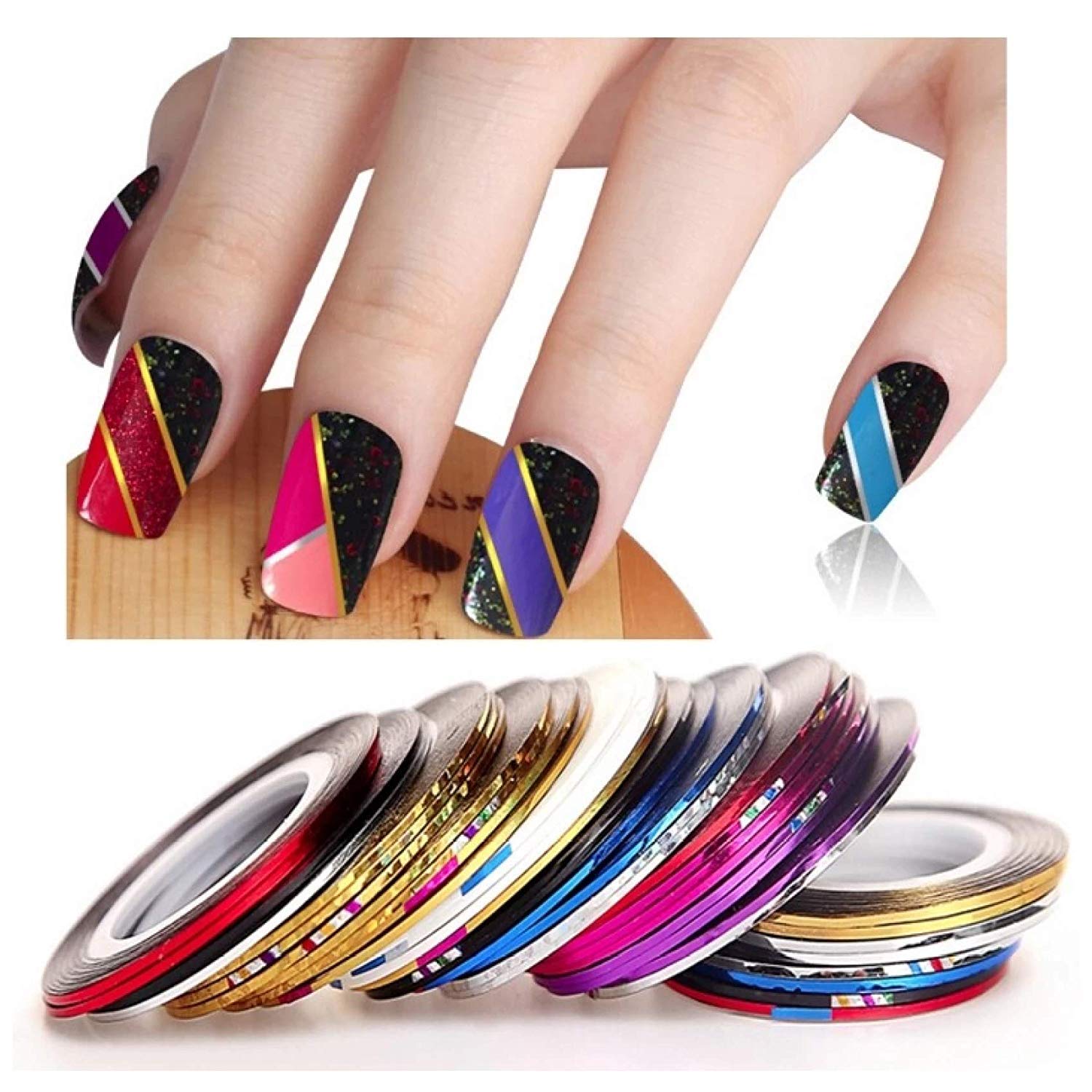 10 Pcs Metallic Nail Art Tape - Colorful DIY Nail Decoration Stickers for UV Gel Polish | Nail Salon Supplies & Home Manicure Kit