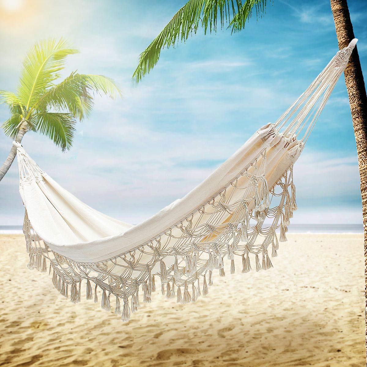 Handmade Organic Cotton Hammock with Macrame Fringe - Classic Tree Swing Bed for Camping, Beach, Bedroom & Outdoor Relaxation | Perfect for Patio, Porch, Yard Decor & Wedding Events