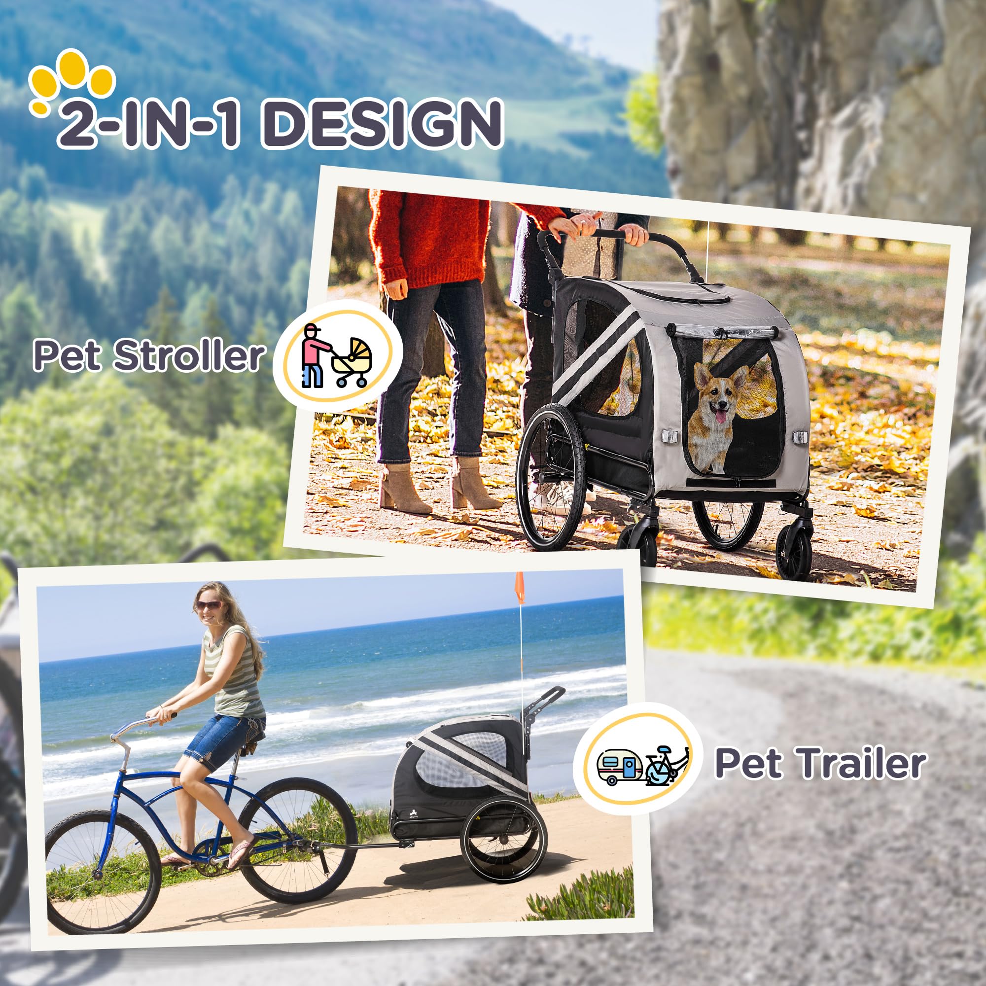 Aosom 2-in-1 Pet Bike Trailer for Small Dogs & Cats - High Visibility Bicycle Stroller with Weatherproof Cover - Convertible Bike Wagon & Sidecar Attachment for Outdoor Adventures, Park Visits & Daily Commutes