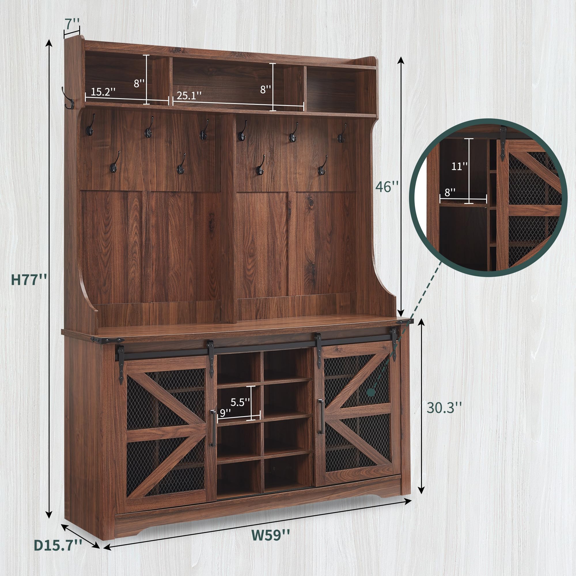 Farmhouse Entryway Bench with Coat Rack - 59
