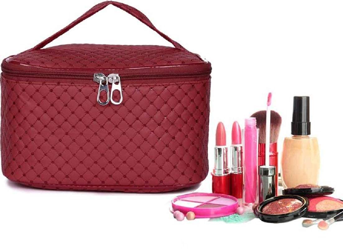 Women's PU Leather Cosmetic Bag - Waterproof Makeup Organizer Travel Toiletry Case (Red) - Perfect for Travel, Gym & Daily Makeup Storage