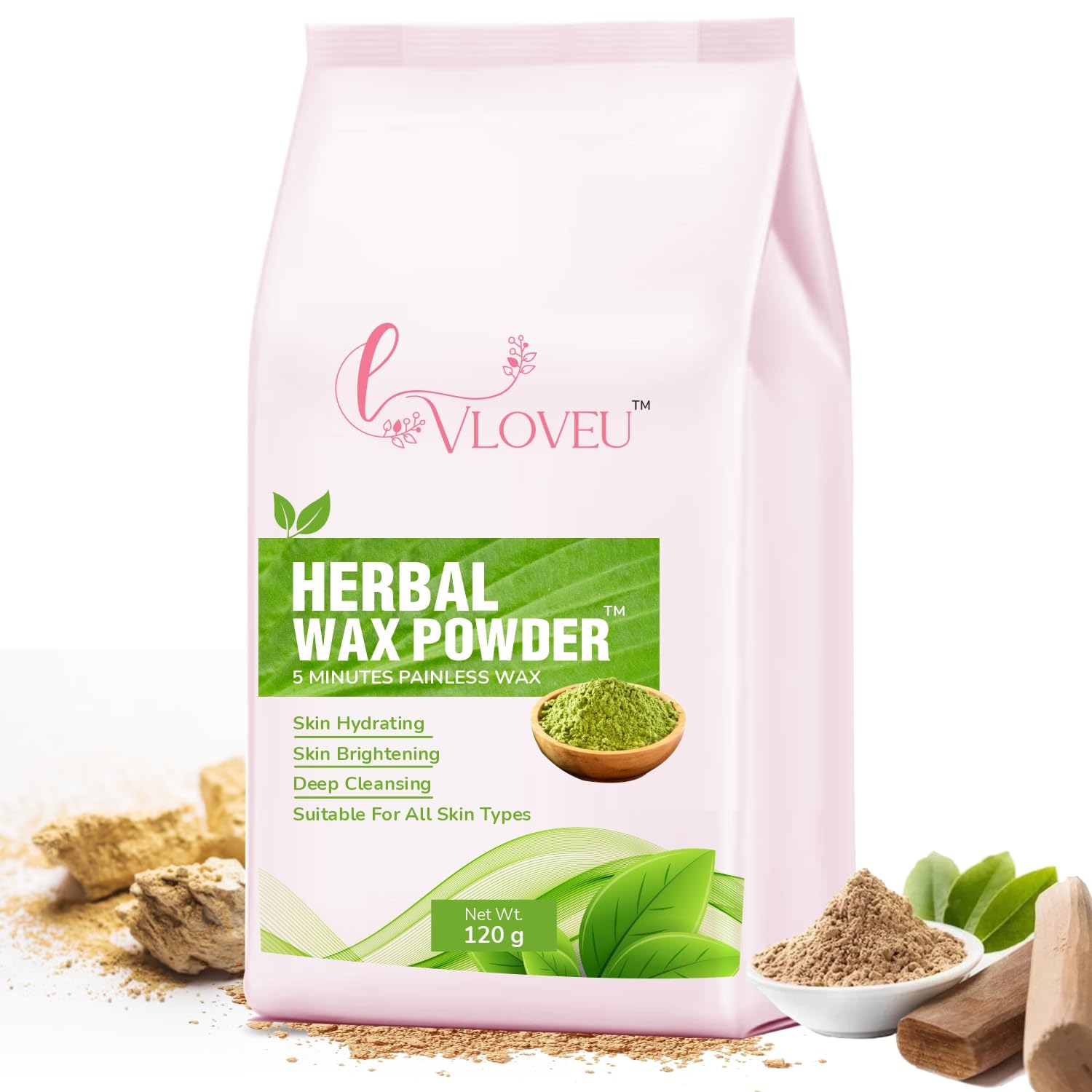 VLOVEU Herbal Wax Powder for Hair Removal - 120g Natural Painless Facial Hair Remover for Women | Bikini, Legs & Underarms Waxing | Quick 5-Minute Hair Removal Solution | Ideal for At-Home Spa, Salon & Travel Use