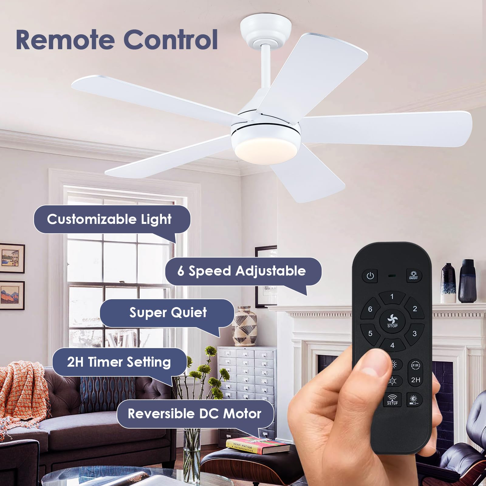 Asyko 46 Inch White Ceiling Fan with Light Kit and Remote/APP Control - Low Profile Flush Mount Indoor Outdoor Ceiling Fan - Reversible DC Motor, 6 Speed Settings, 5 Blades - Modern Ceiling Light Fixture for Bedroom, Living Room, Patio and Covered Porch