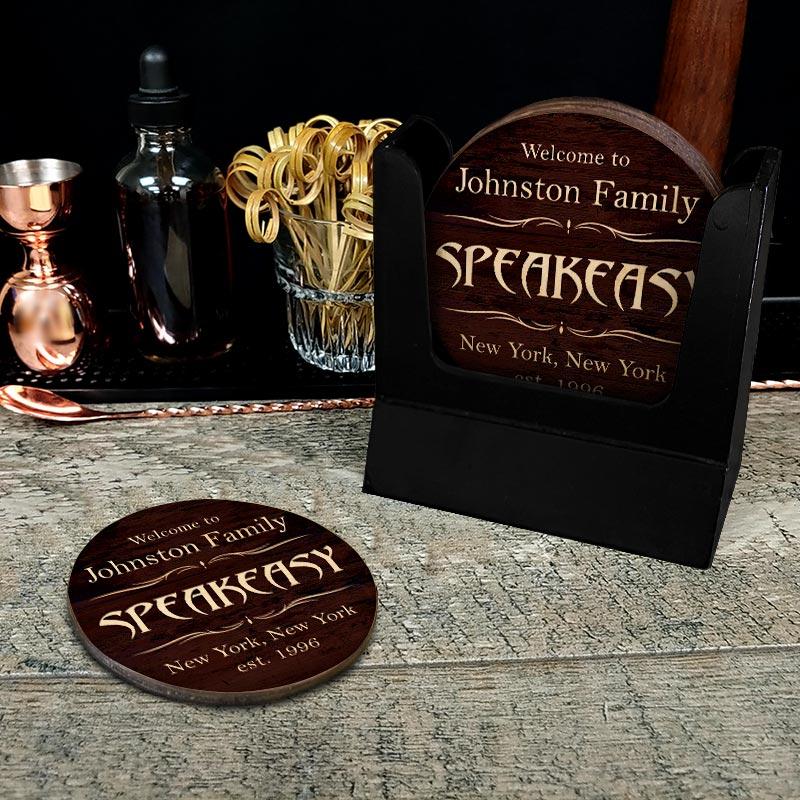 Customizable Wooden Coasters Set of 4 - Speakeasy Themed Round Drink Coasters for Home Bar, Office & Party Use - Unique Personalized Home Decor Gift