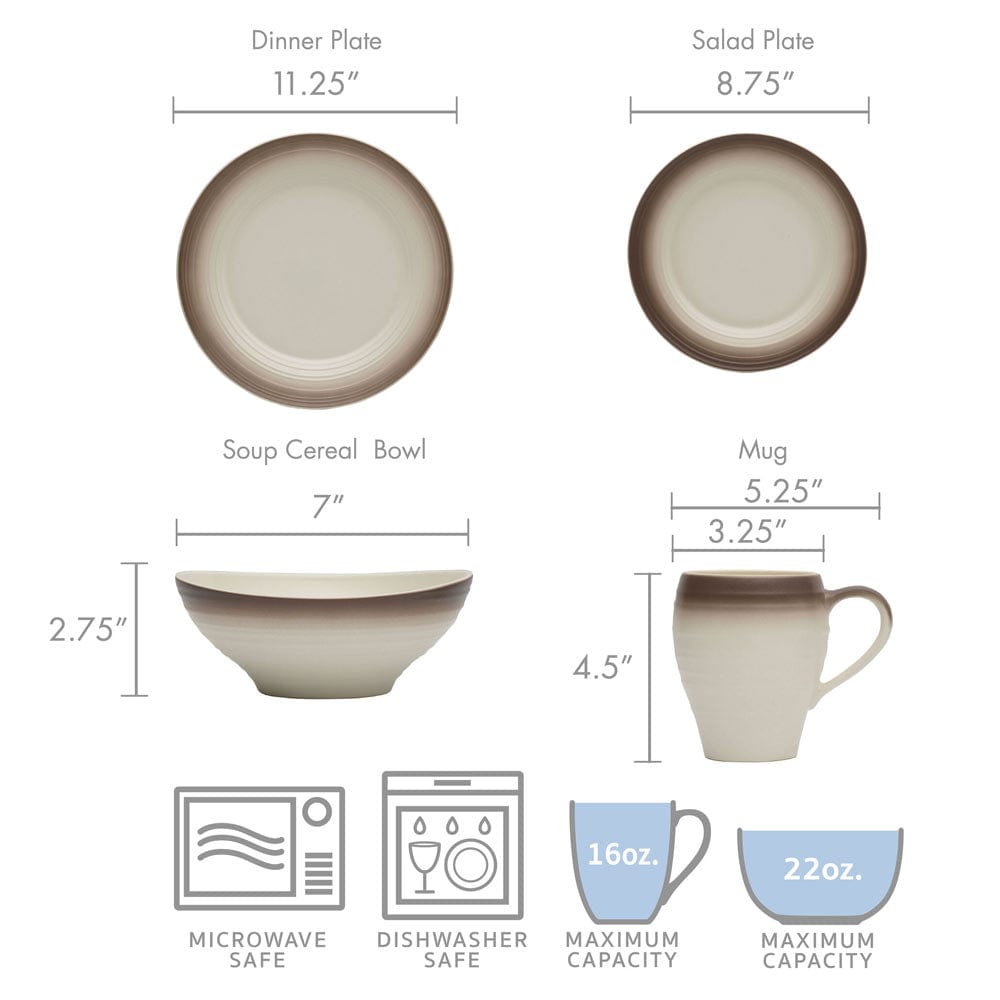 Swirl Ombre Mocha 16-Piece Dinnerware Set - Service for 4 People - Elegant Tableware for Family Dinners, Parties & Home Decor