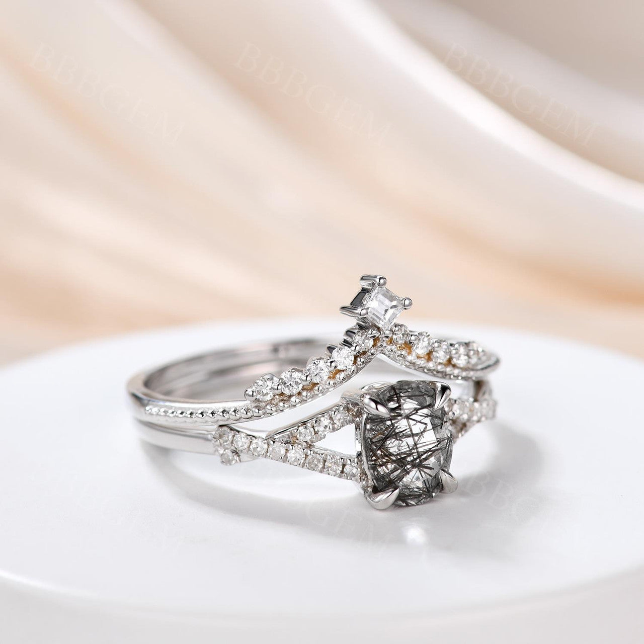 Black Quartz Rutilated Engagement Ring Set - Unique Antique Oval Wedding Band in Rose Gold for Stacking | Perfect for Vintage-Inspired Proposals & Anniversary Gifts