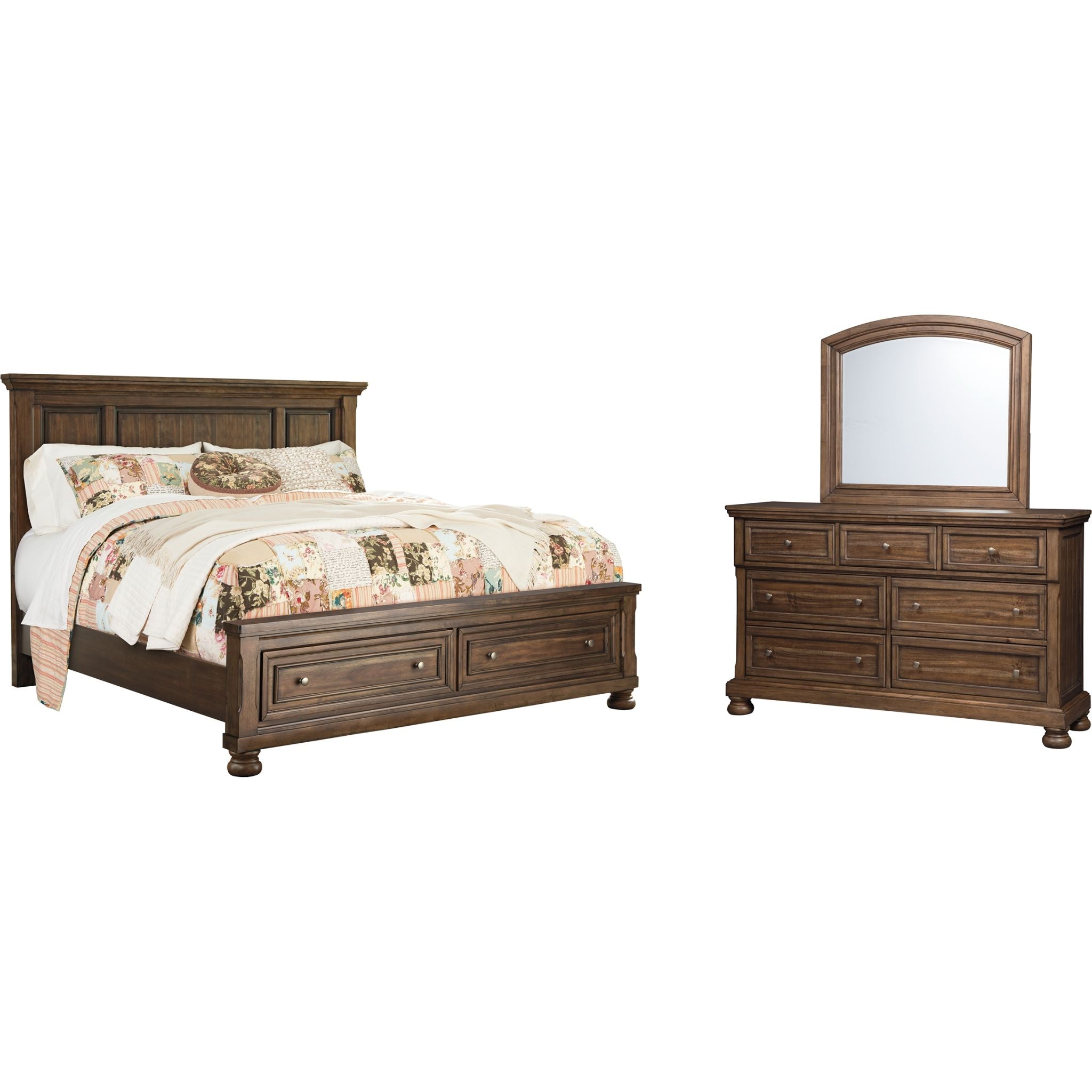 Baymore 5-Piece Bedroom Furniture Set - Queen Size Bed, Nightstand, Dresser & Mirror in Medium Brown Finish | Perfect for Master Bedroom, Guest Room & Apartment Decor