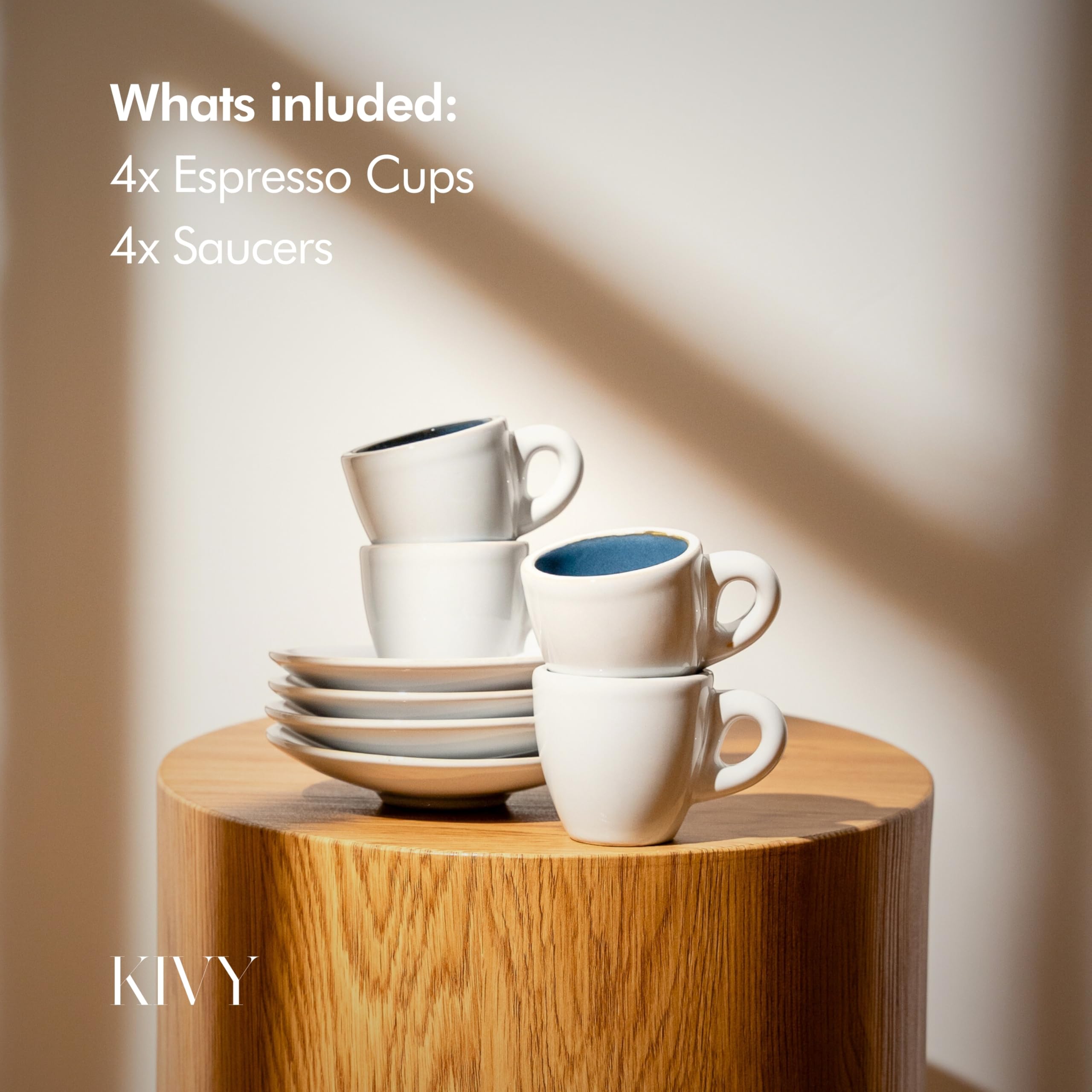 KIVY 4-Piece 3 oz Stoneware Espresso Cup Set with Saucers - Thick Walled Italian Style Coffee Mugs for Espresso Shots - Durable Ceramic Espresso Cups in Blue - Perfect for Home, Cafe, and Restaurant Use