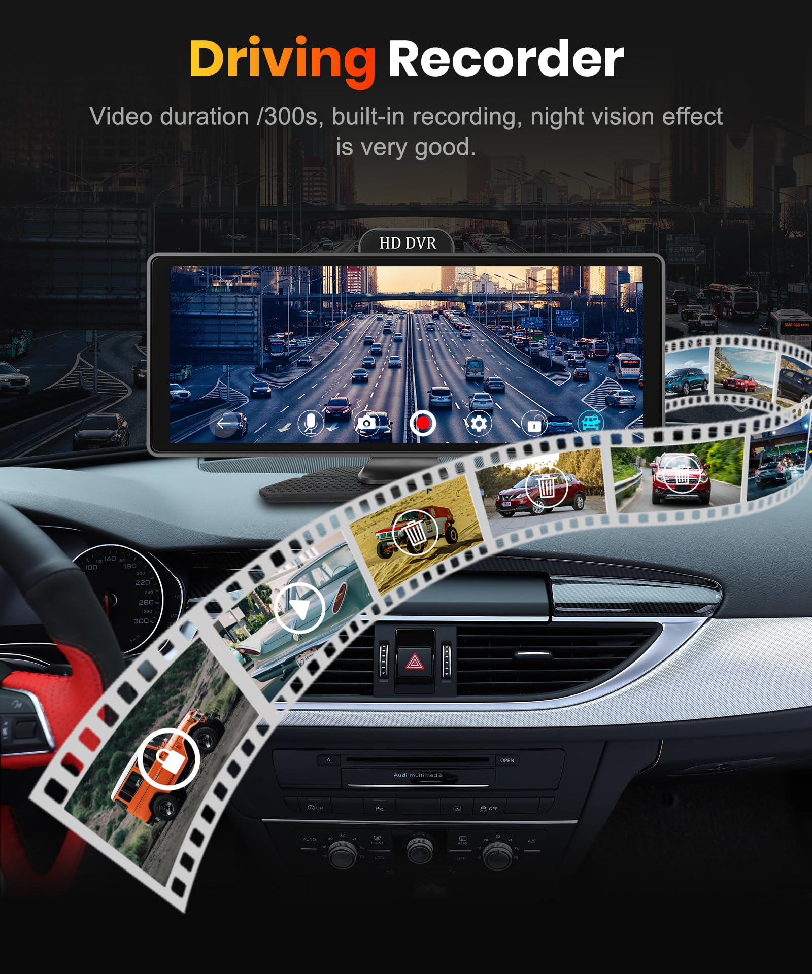 10.26 Inch Wireless CarPlay & Android Auto Screen for Car - HD IPS Touchscreen with Built-in Dash Cam & Rear Backup Camera, Dual Bluetooth, GPS, AUX, 64GB TF Card - Perfect for Safer Driving & Hands-Free Navigation