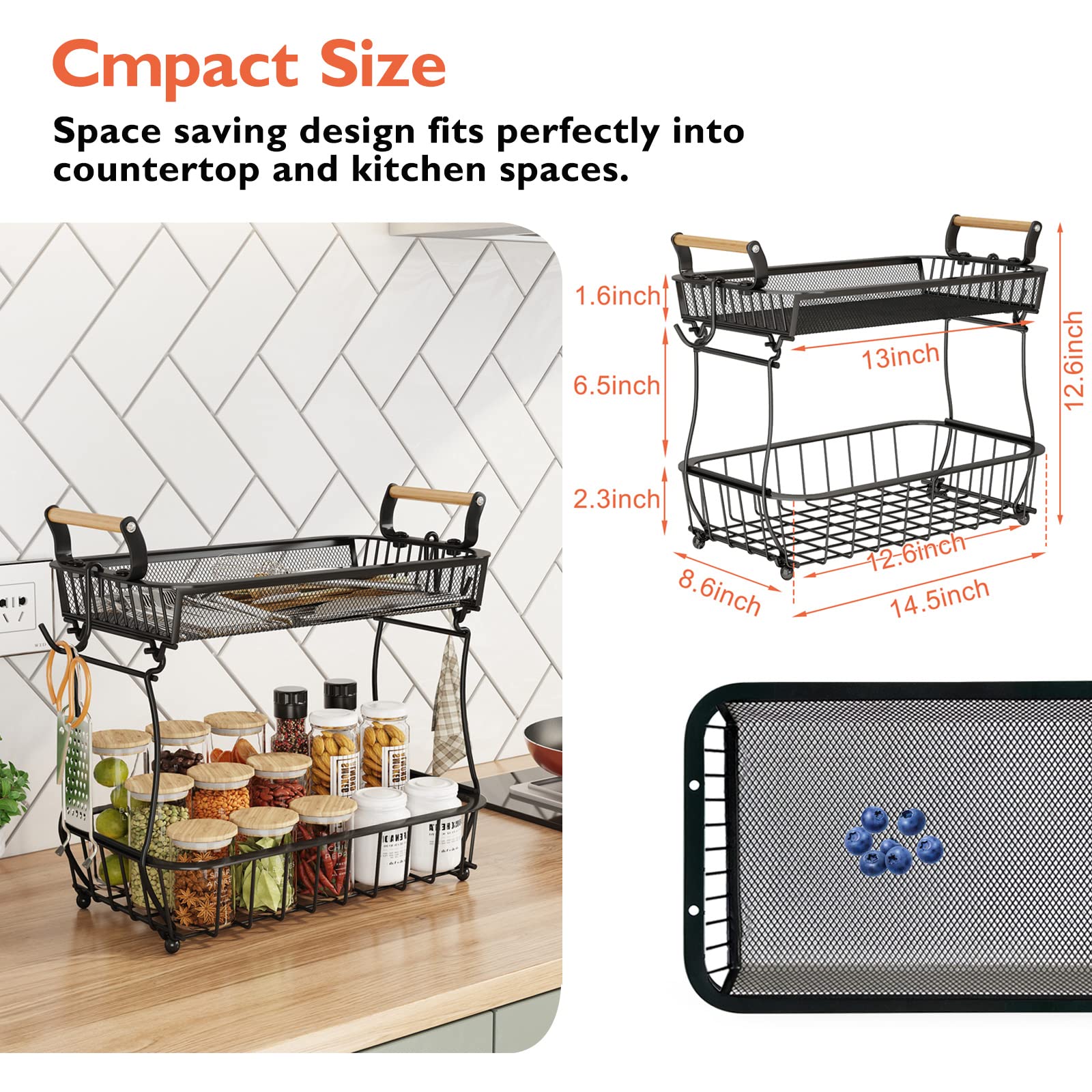 2-Tier Metal Fruit Basket with Banana Hangers - Countertop Kitchen Organizer for Fruits, Vegetables, Onions, Potatoes, Bread & Snacks - Perfect for Pantry, Dining Table & Countertop Storage