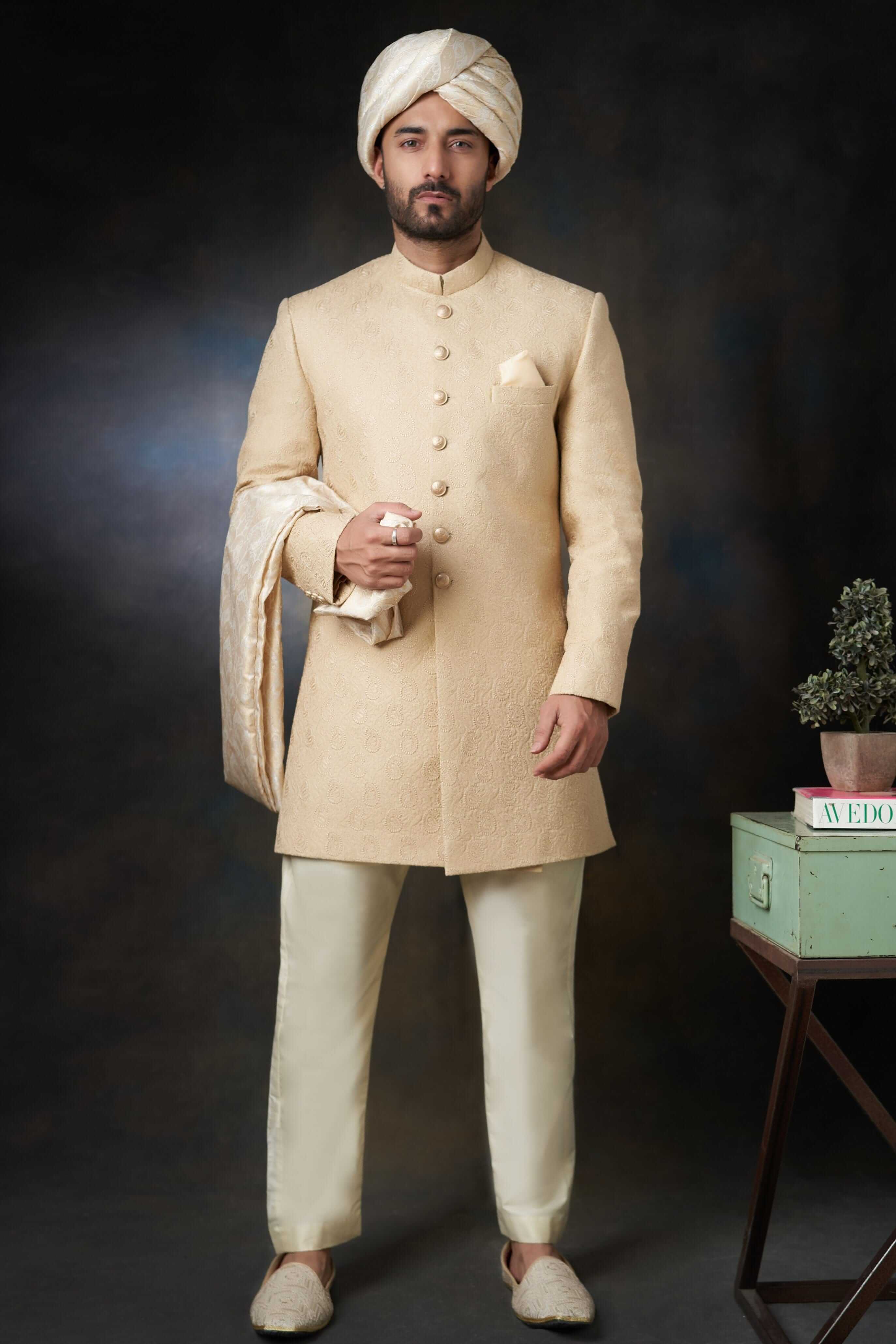 Luxury Gold Paisley Raw Silk Sherwani for Men with Custom AI Signature Buttons - Perfect for Weddings, Indian Festivals & Special Occasions