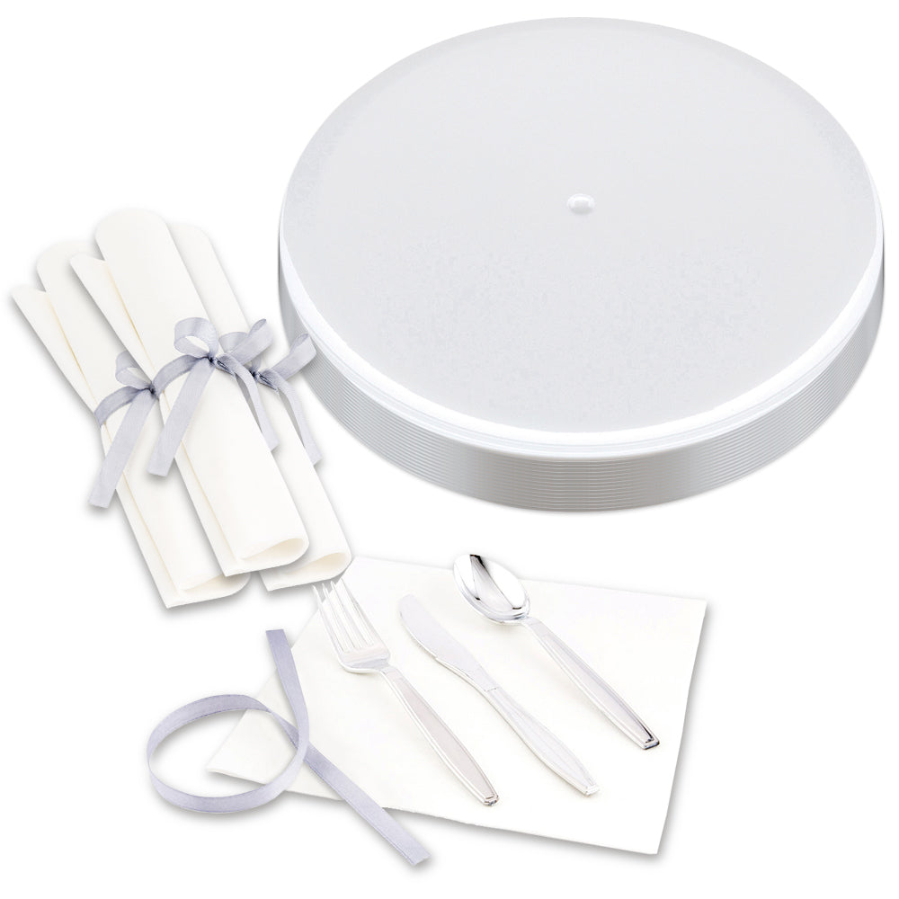 100-Pack Elegant White 9-Inch Plastic Plates & 100-Pack Silver Plastic Cutlery Set - Premium Disposable Tableware for Parties, Picnics, Weddings & Events