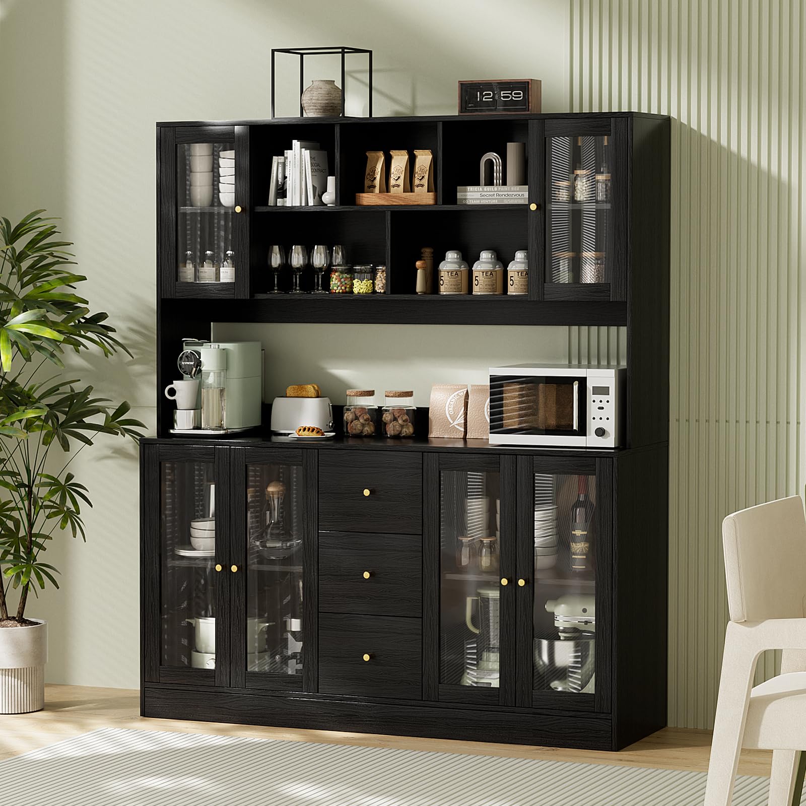 VOWNER Large Kitchen Hutch Cabinet - 6 Glass Doors, 3 Drawers & Microwave Shelf, Freestanding Pantry Storage Cupboard for Kitchen Open Storage (Black) - Perfect for Modern Kitchens & Dining Areas