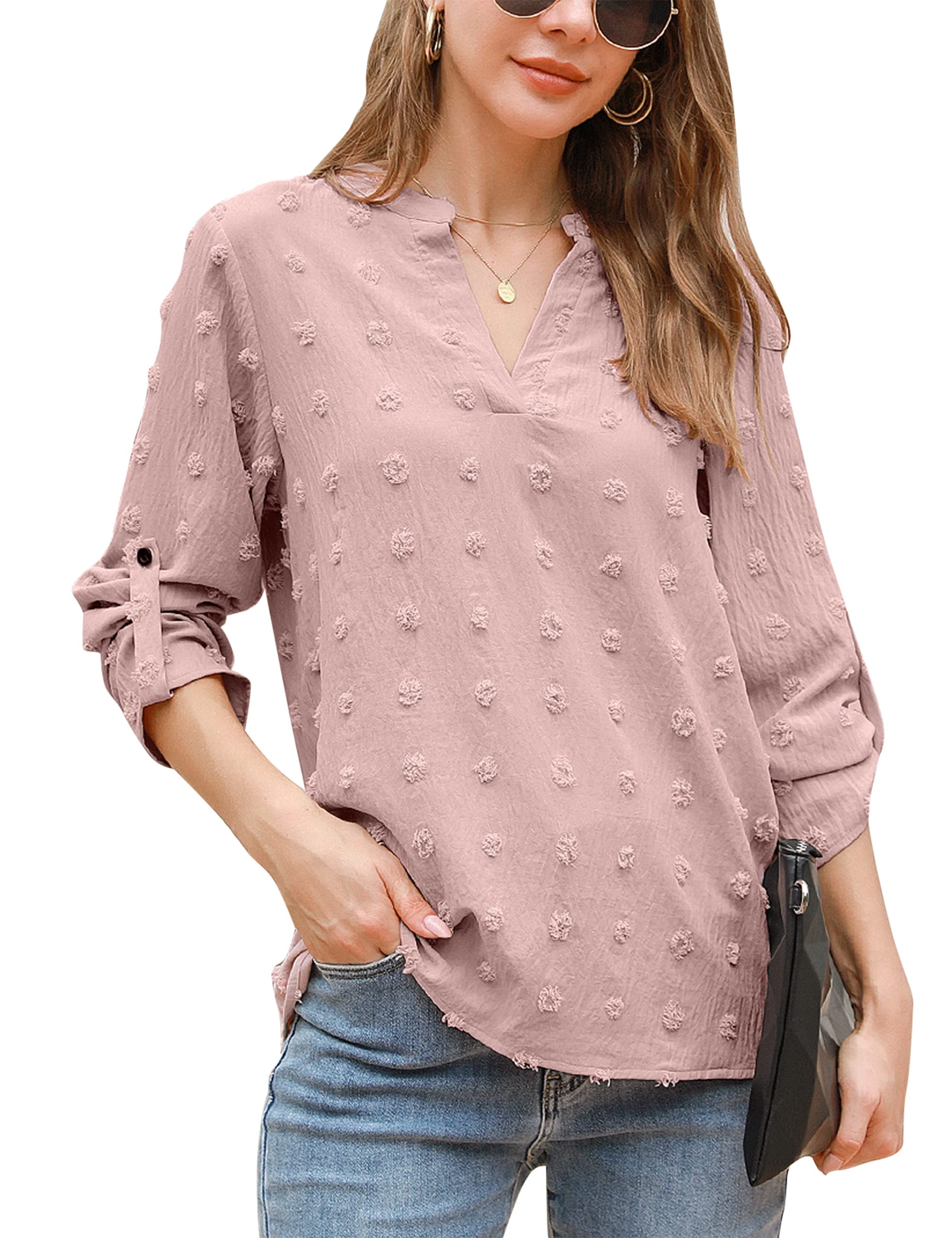 Women's White Chiffon Short Sleeve V-Neck Blouse - Polka Dot Summer Casual Top for Office, Date Night & Outdoor Events | Flowy Jelly Fabric