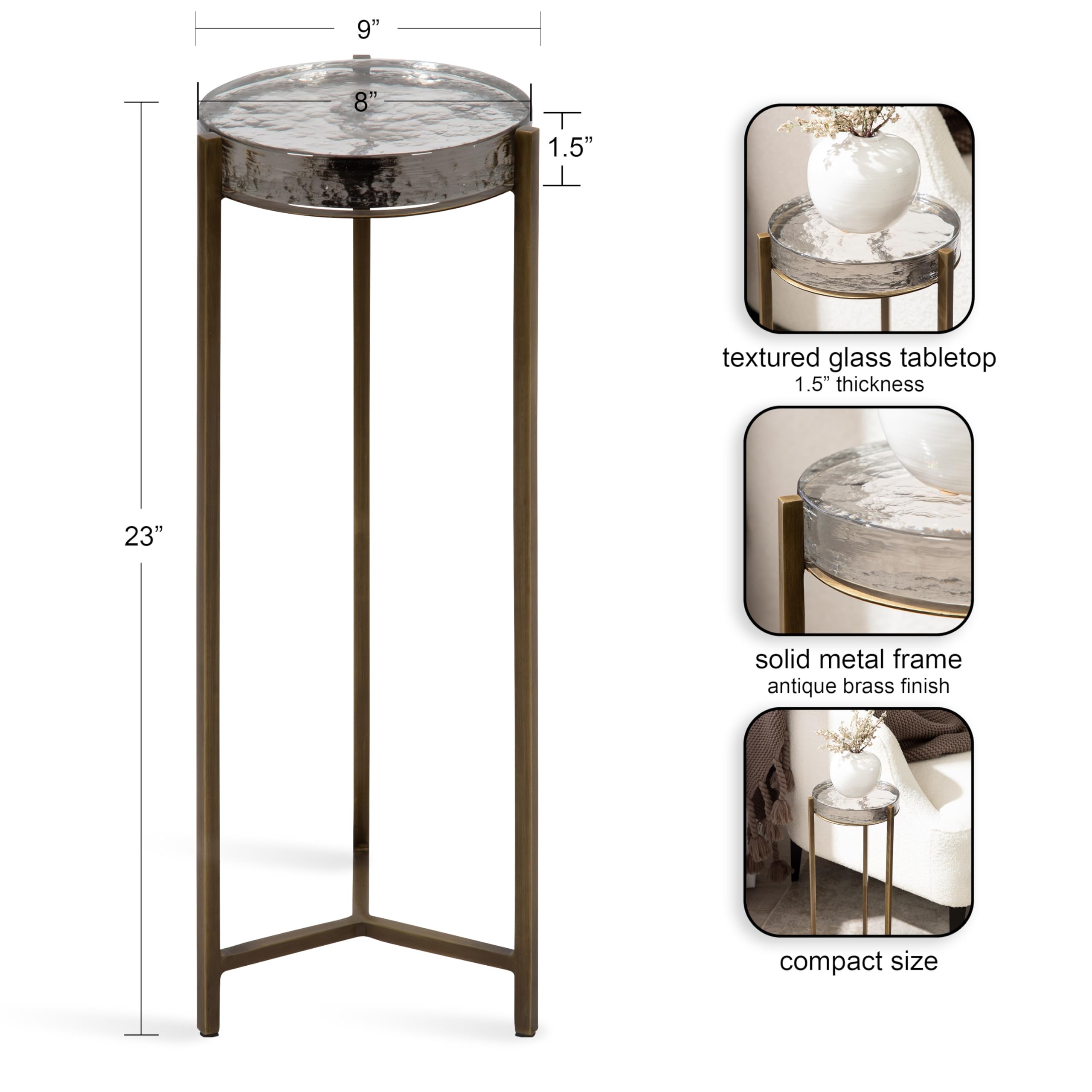 Kate & Laurel Aguilar Modern Brass Drink Table with Clear Glass Top - 9x9x23 Inches, Small Accent Table for Living Room, Bedroom, or Office - Perfect for Cocktails, Coffee, and Decor