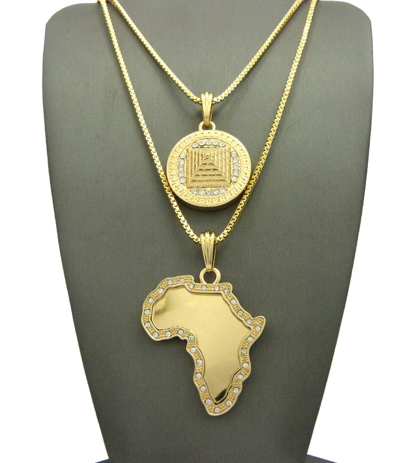 Hip Hop Iced Out Gold Plated Egyptian Africa Map & Pyramid Pendant Necklace Set with 20