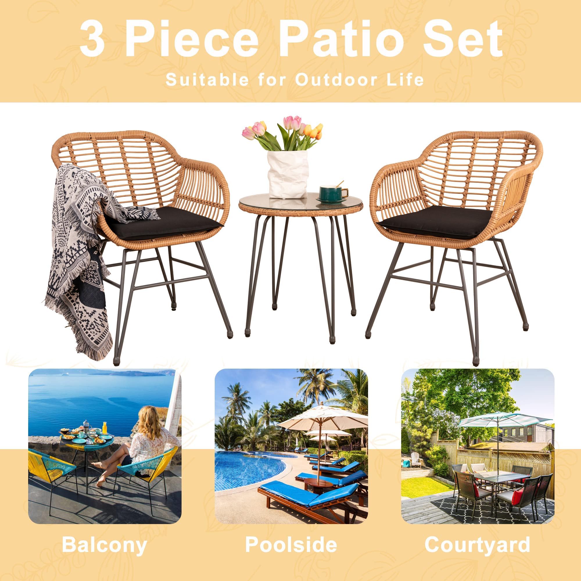 3-Piece Outdoor Wicker Patio Bistro Set - Rattan Conversation Furniture for Balcony, Porch, Poolside & Garden - Weather-Resistant Black Wicker Chairs & Table - Perfect for Outdoor Dining, Lounging and Entertaining Guests