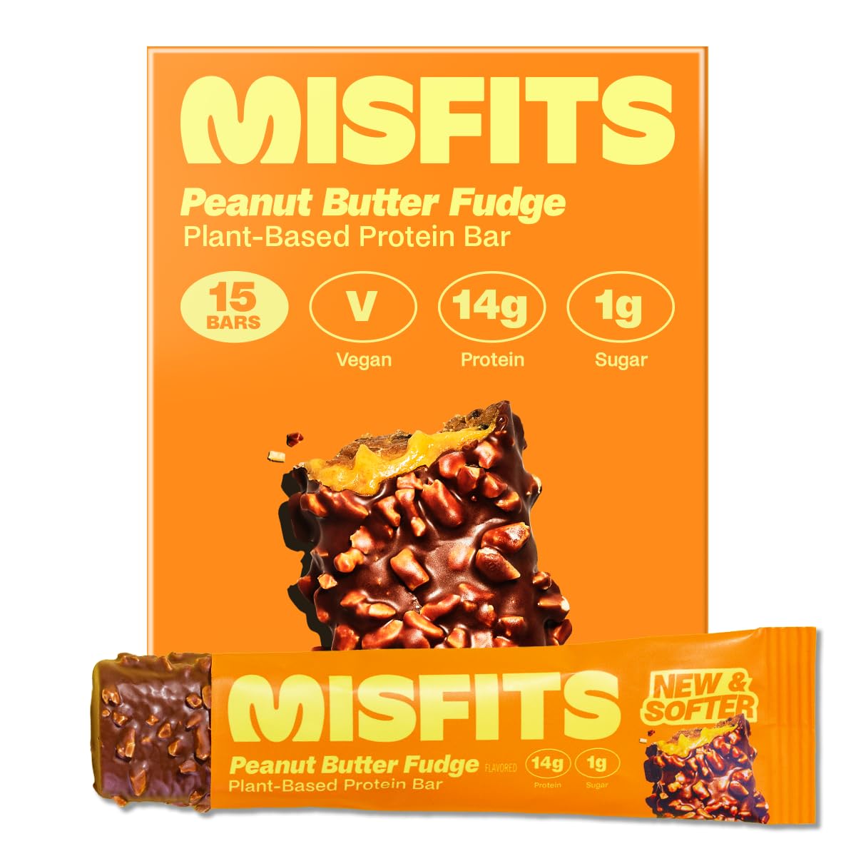 Misfits Vegan Protein Bars, Peanut Butter Fudge - Plant Based, Low Sugar & Low Carb, High Fiber Protein Snacks | Pack of 15 | Perfect for Post-Workout Recovery & Healthy On-The-Go Nutrition