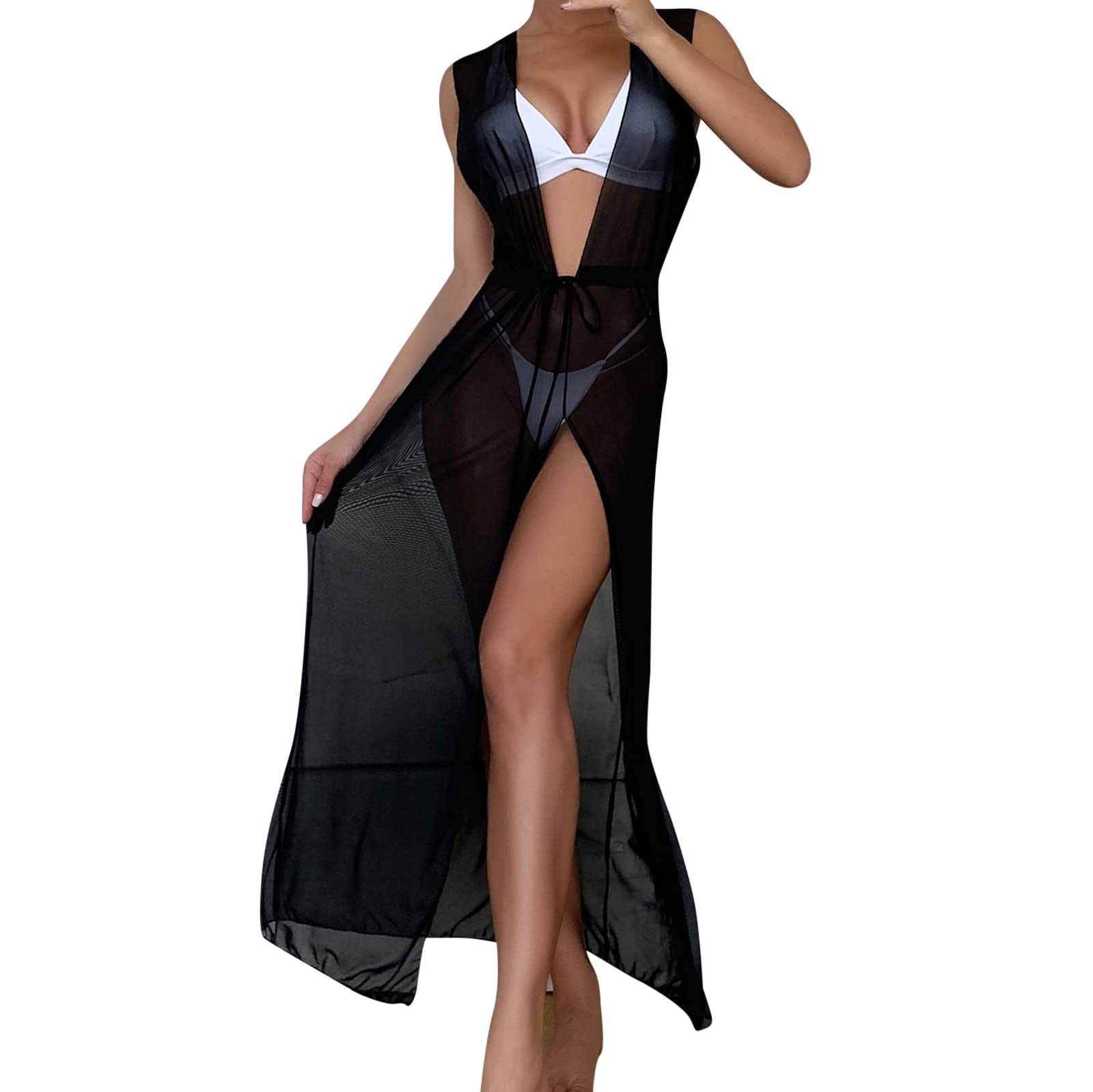 NREALY Women's One Shoulder Ruffle Trim Sheer Beach Cover Up Dress - Drawstring Mini Dress, Bikini Wrap, Swimwear Cover Up for Pool, Vacation & Summer Outfits (Black, XL)