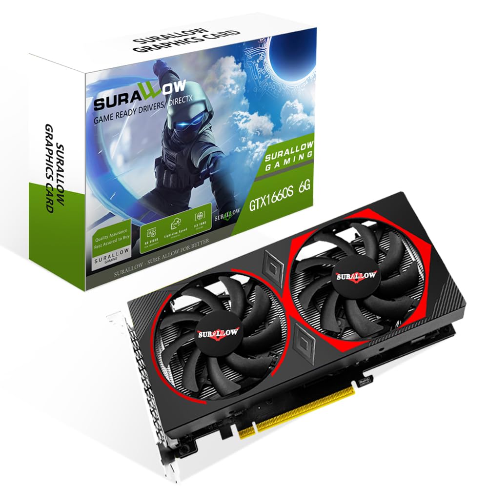 SURALLOW GTX 1660 Super 6GB GDDR6 192-Bit Gaming Graphics Card - PCIe 3.0 x16 Video Card with Twin Freeze Fans, HDMI/DP/DVI Ports for PC Gaming, Streaming & VR Experience