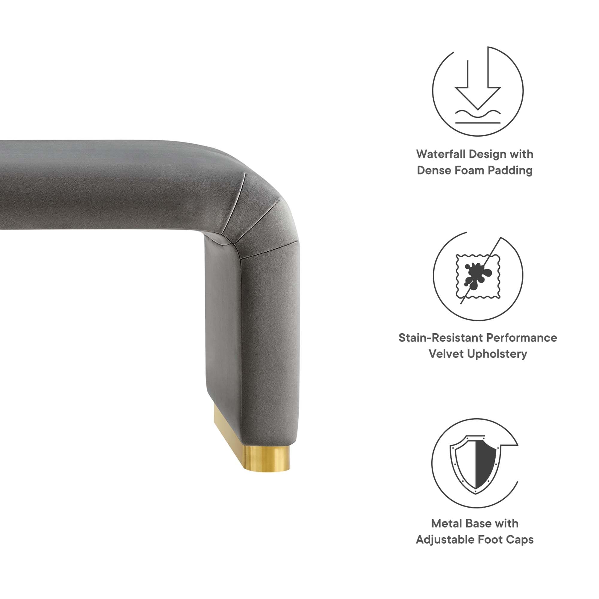 Modway EEI-6734-BRA-STG Koda Performance Velvet Waterfall Long Bench in Brass Storm Gray - Luxurious Velvet Upholstered Entryway & Bedroom Bench for Modern Home Decor