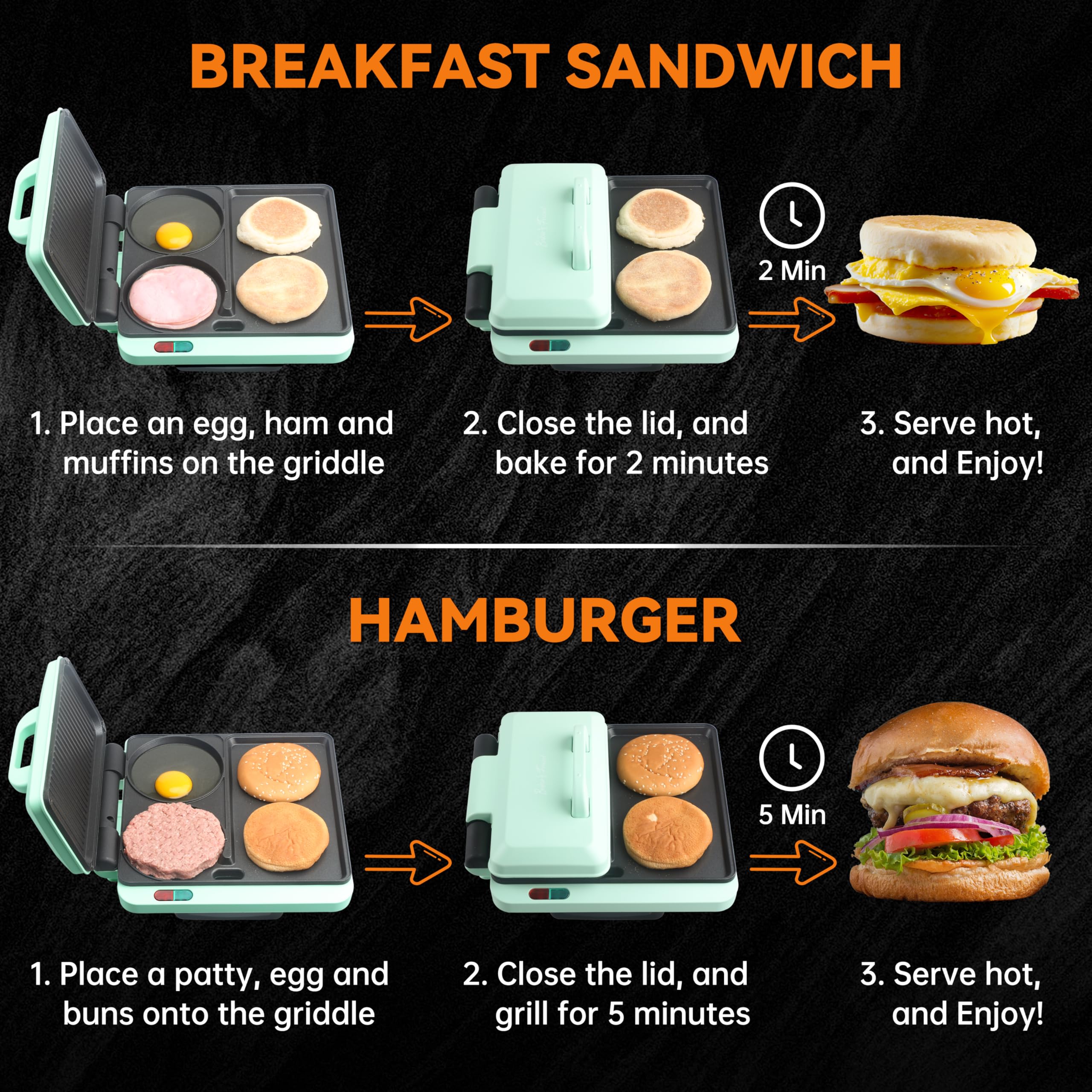 Baker's Friend 3-in-1 Electric Breakfast Sandwich Maker & Griddle - Nonstick Surface for Egg Muffins, Burgers, Hot Dogs & Pancakes - Includes Burger Press, Tongs & Cleaning Brush - Perfect for Quick Breakfasts, Brunch Parties & Camping Meals