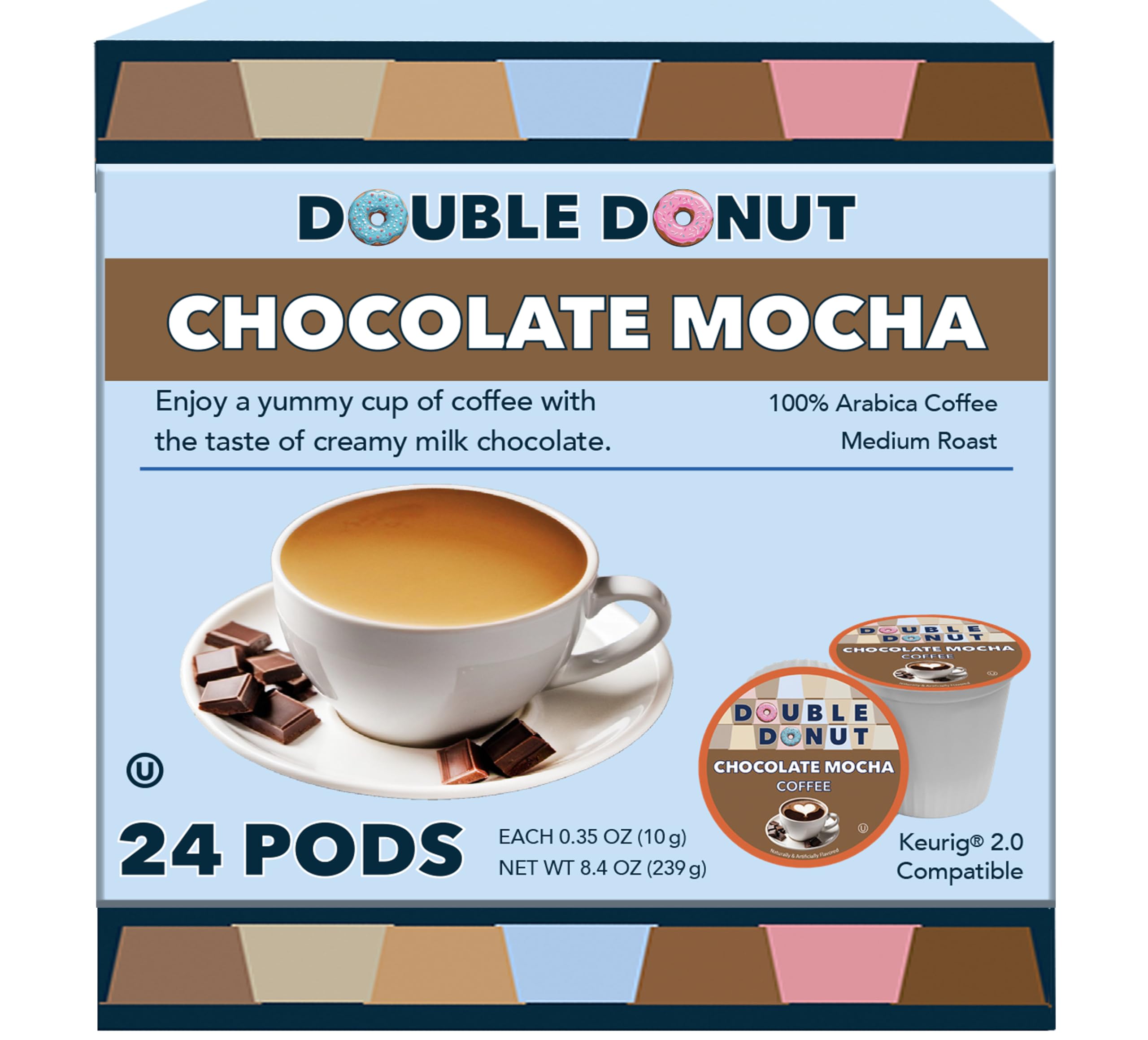 Double Donut Chocolate Mocha Coffee Pods for Keurig K-Cup Brewers - 24 Count Rich & Creamy Single Serve Coffee Pods - Perfect for Chocolate Lovers & Morning Brews at Home or Office