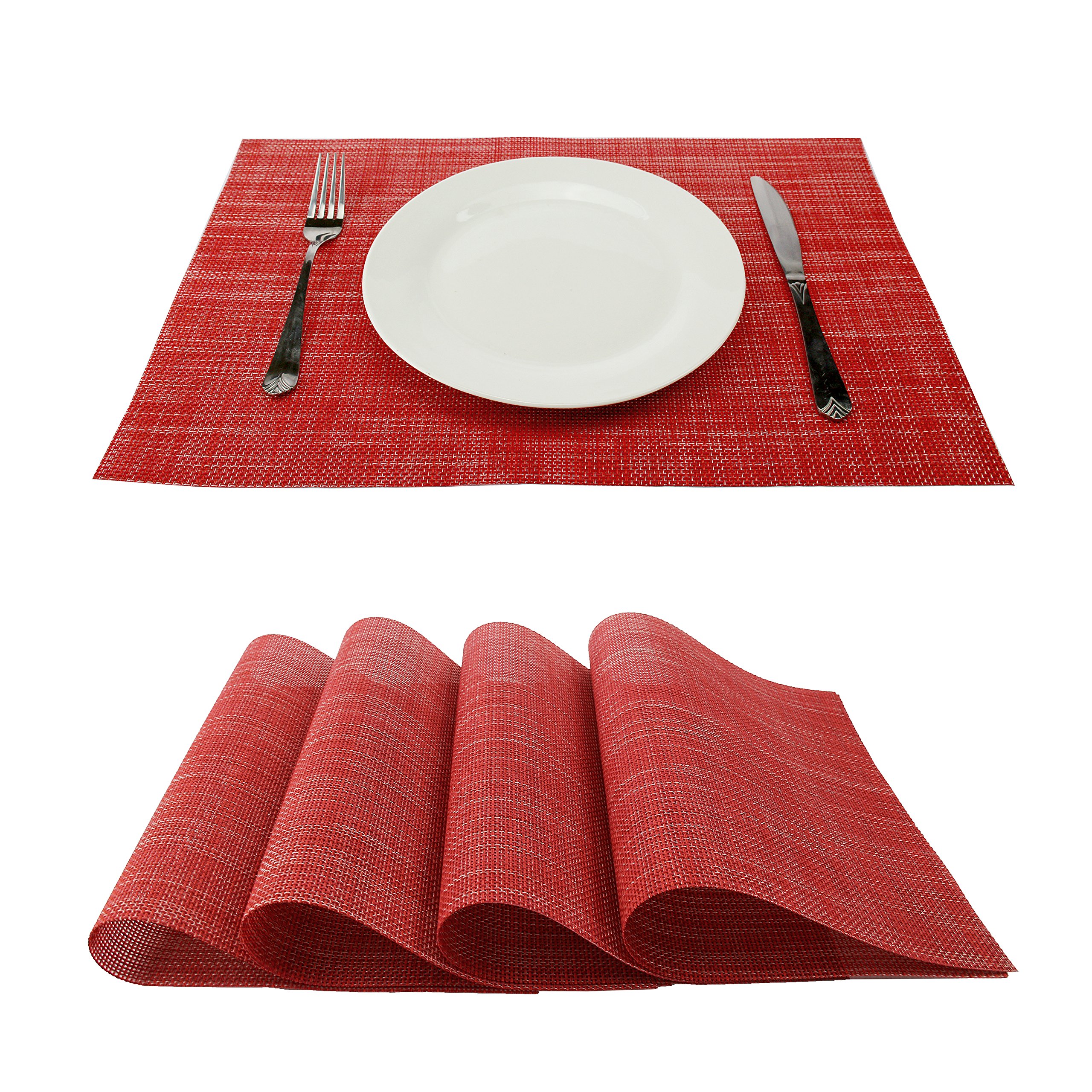GEFEII Non-Slip Heat-Resistant PVC Woven Vinyl Placemats Set of 6 - Washable, Stain-Resistant Dining Table Mats for Kitchen & Home Decor (Red) | Perfect for Everyday Meals, Dinner Parties & Holiday Gatherings