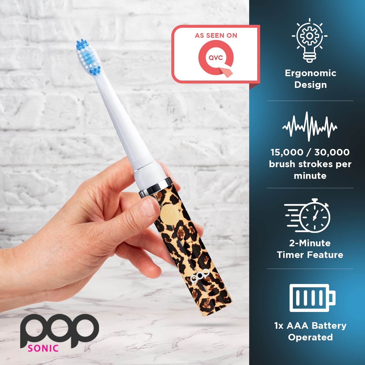 Pop Sonic Electric Toothbrush for Kids & Travel - Leopard Print, 2 Speed Modes (15,000-30,000 RPM), AAA Battery Powered with Dupont Nylon Bristles - Perfect for Home, School & Family Trips
