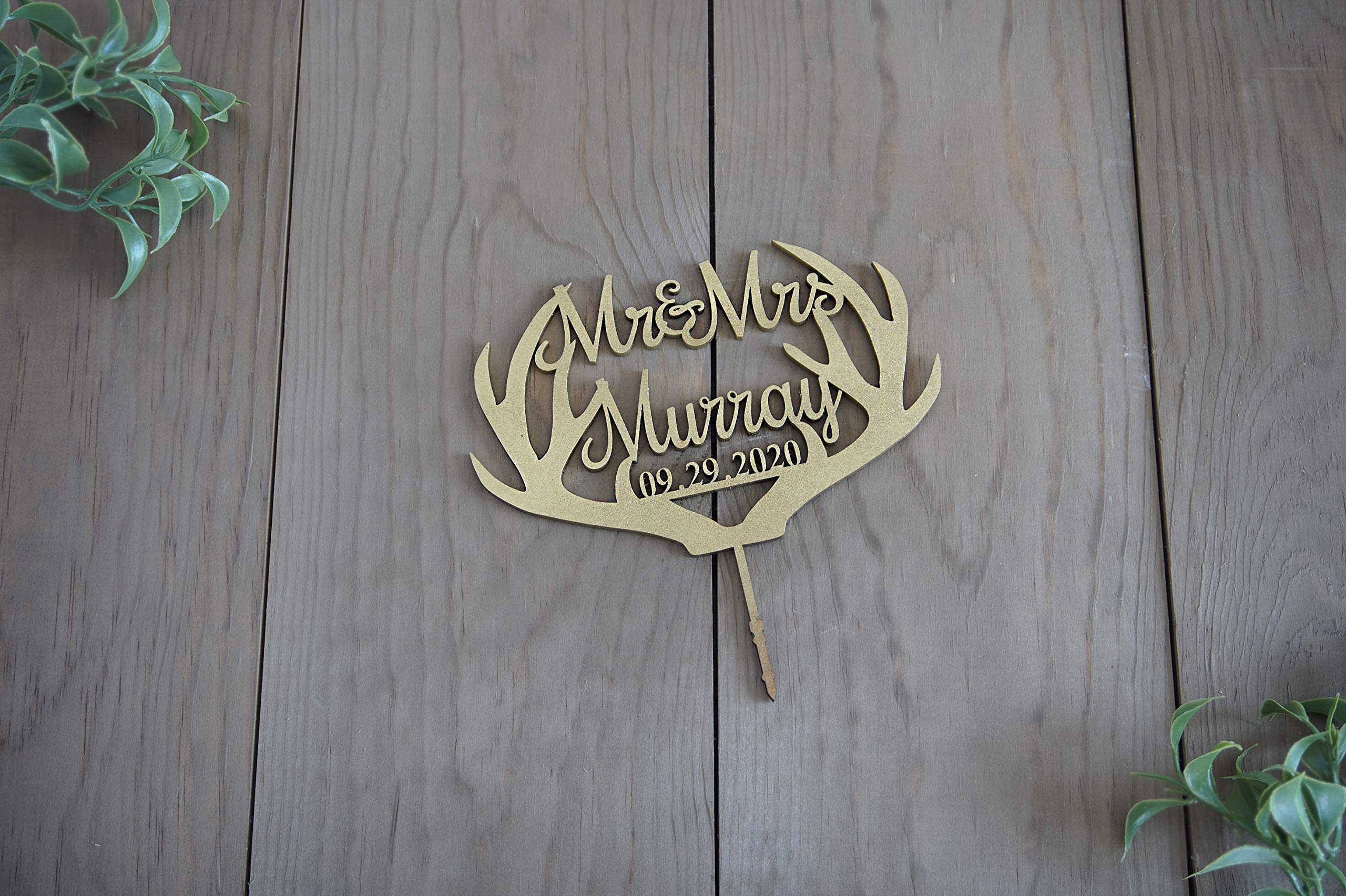 Mr & Mrs Deer Antler Cake Topper - Rustic Calligraphy Wedding Anniversary Cake Decoration - Custom Personalized Cake Topper for Weddings, Anniversaries & Romantic Celebrations