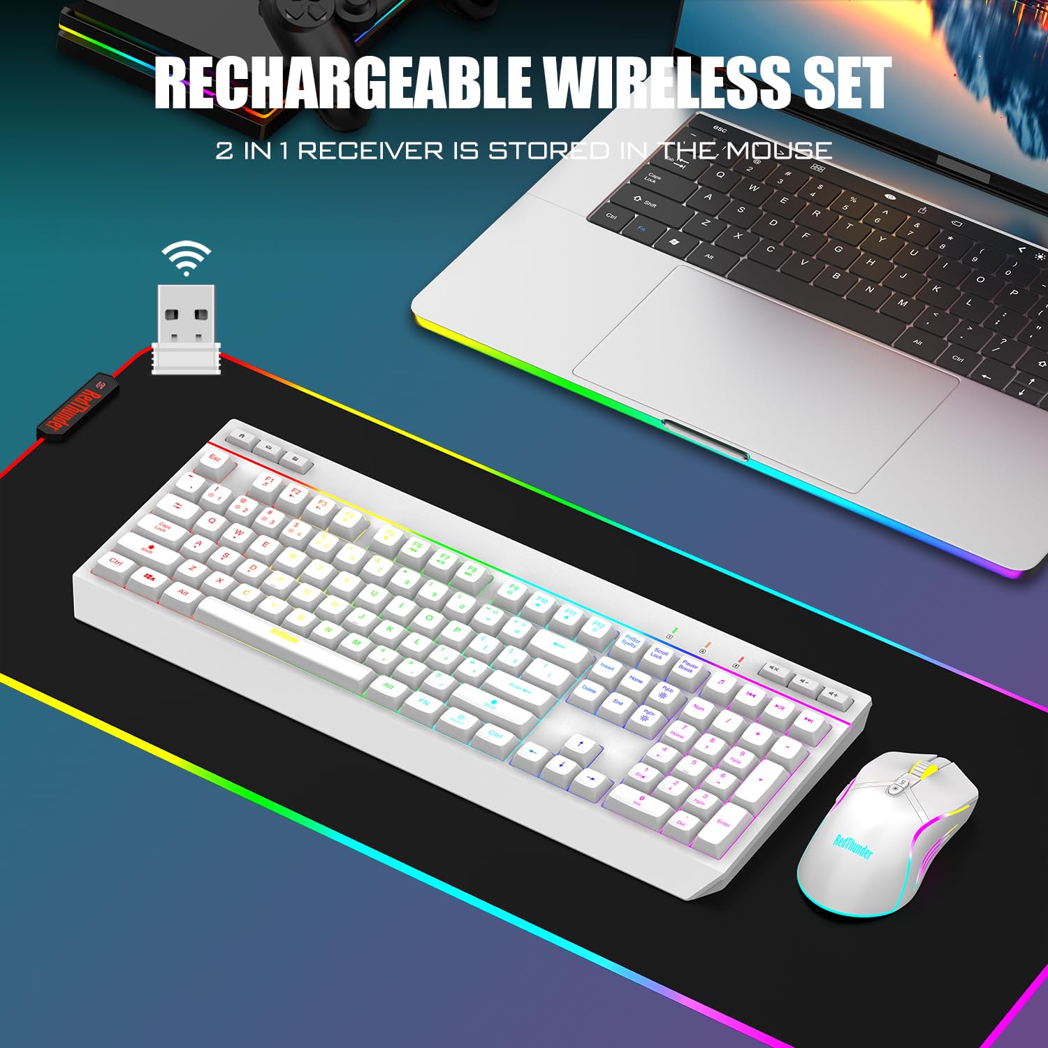 RedThunder K20 Wireless Keyboard and Mouse Combo - Full Size Anti-Ghosting Mechanical Keyboard with RGB Backlit, 7D 4800DPI Gaming Mouse, Rechargeable for PC Laptop Mac Xbox (White) | Perfect for Gaming, Office Work & Home Entertainment
