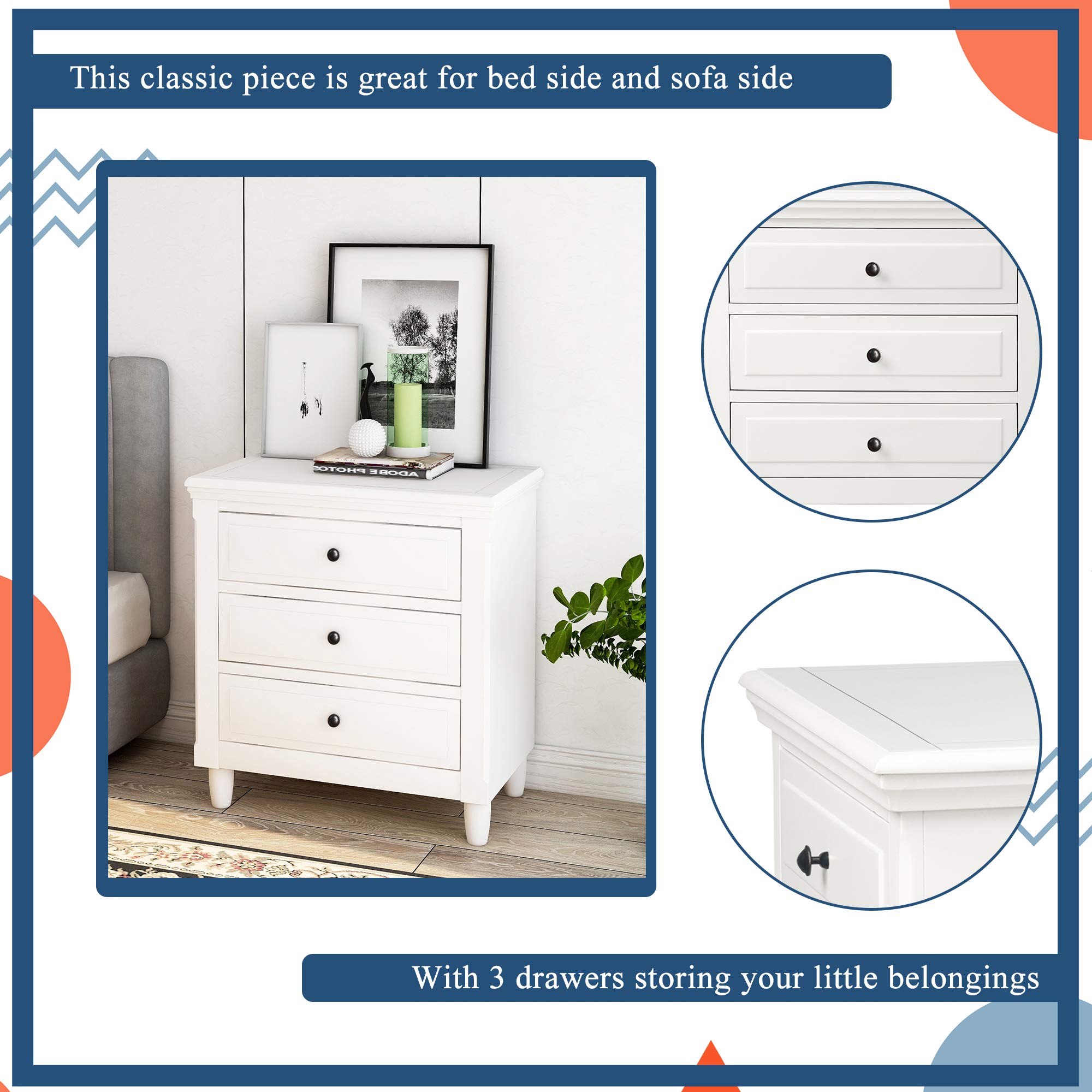 3 Drawer White Wood Nightstand - Fully Assembled Bedside Table with 3 Drawers, Dresser Side End Table Cabinet for Bedroom, Living Room & Office - Perfect for Storage & Home Decor