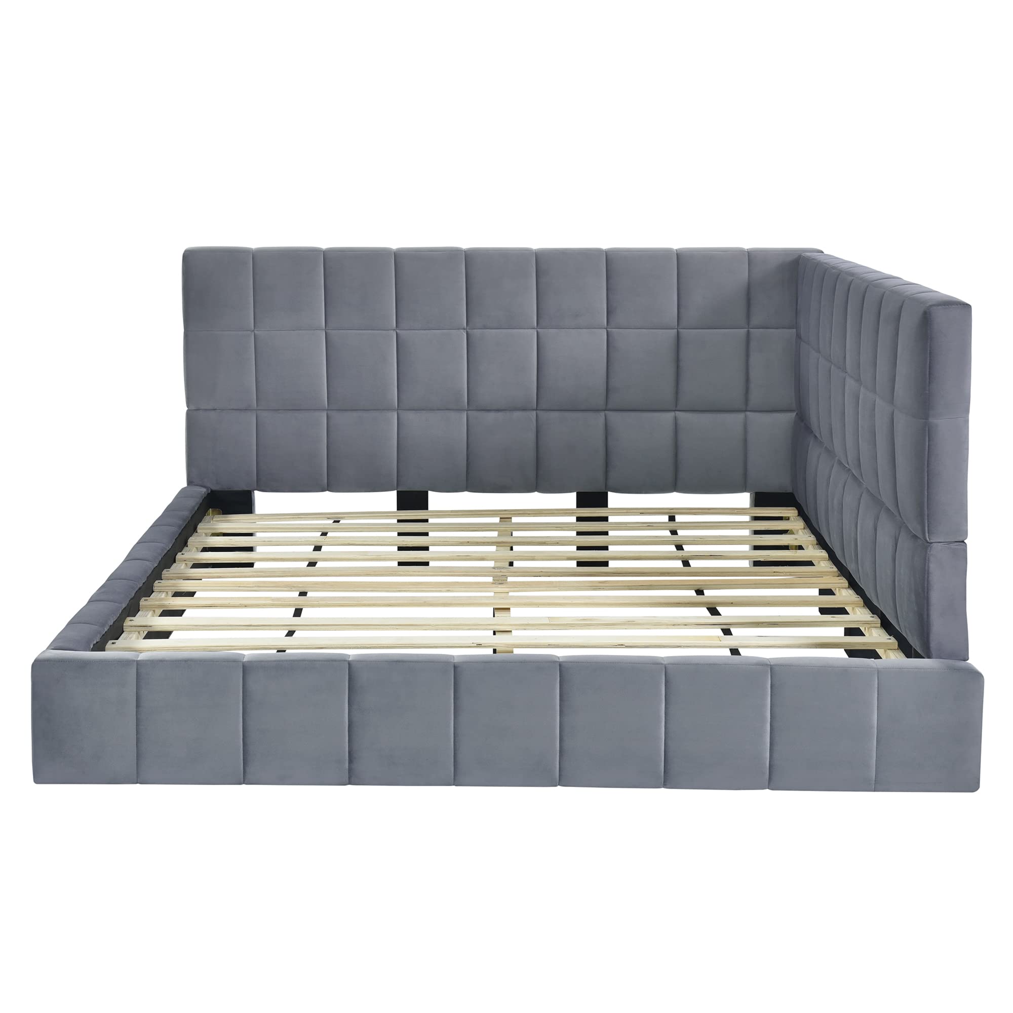 Grounded Daybed Upholstered Sofa Bed with Lattice Design - Full Size Wooden Frame Convertible Sleeper for Living Room, Guest Room & Bedroom - Soft Velvet Fabric in Gray (Kids & Adults Friendly)