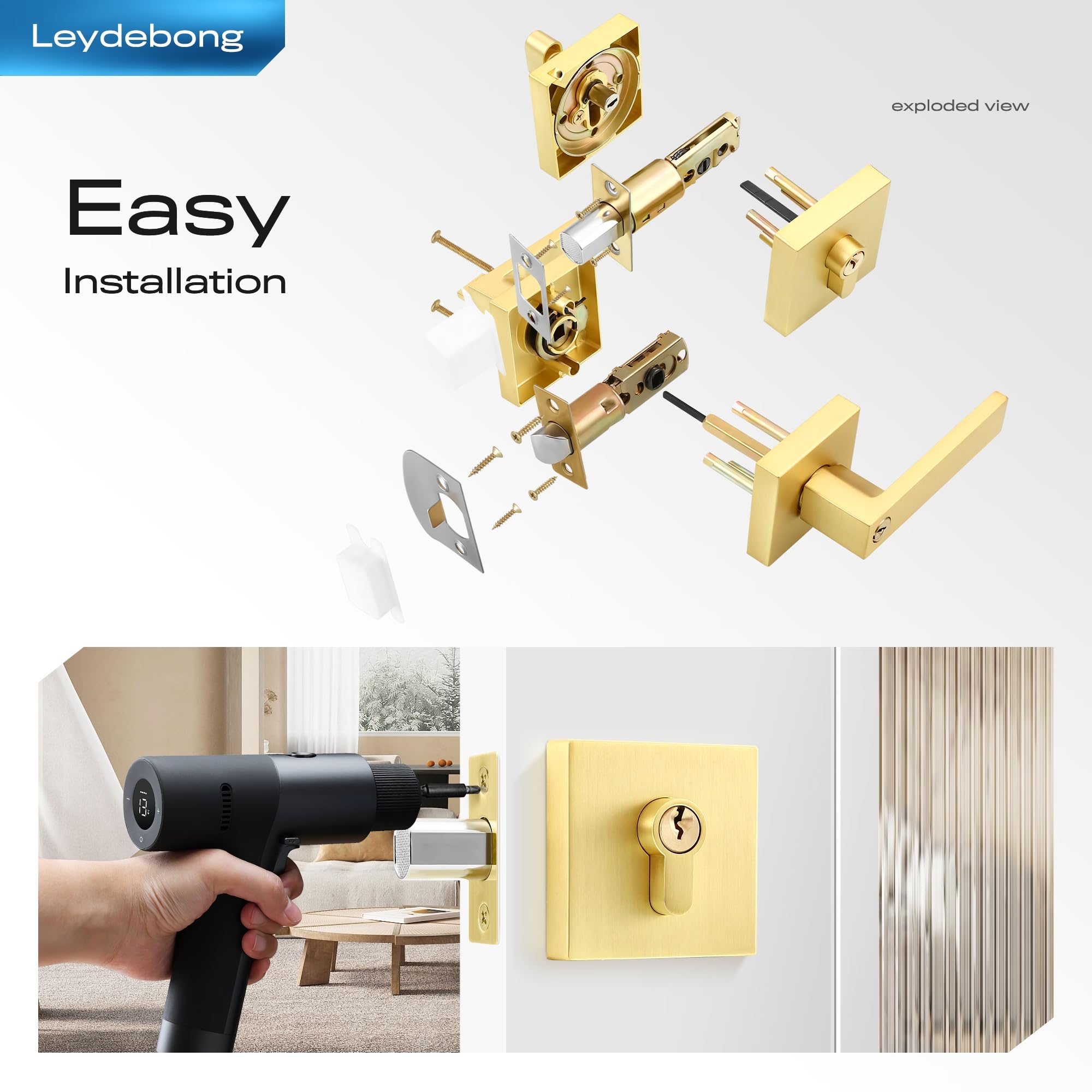 Leydebong 4-Pack Heavy Duty Front Door Handle & Deadbolt Set - Single Cylinder Keyed Alike Lever Door Handle for Office & Entrance Doors (Gold Finish) - Perfect for Home Security & Commercial Buildings